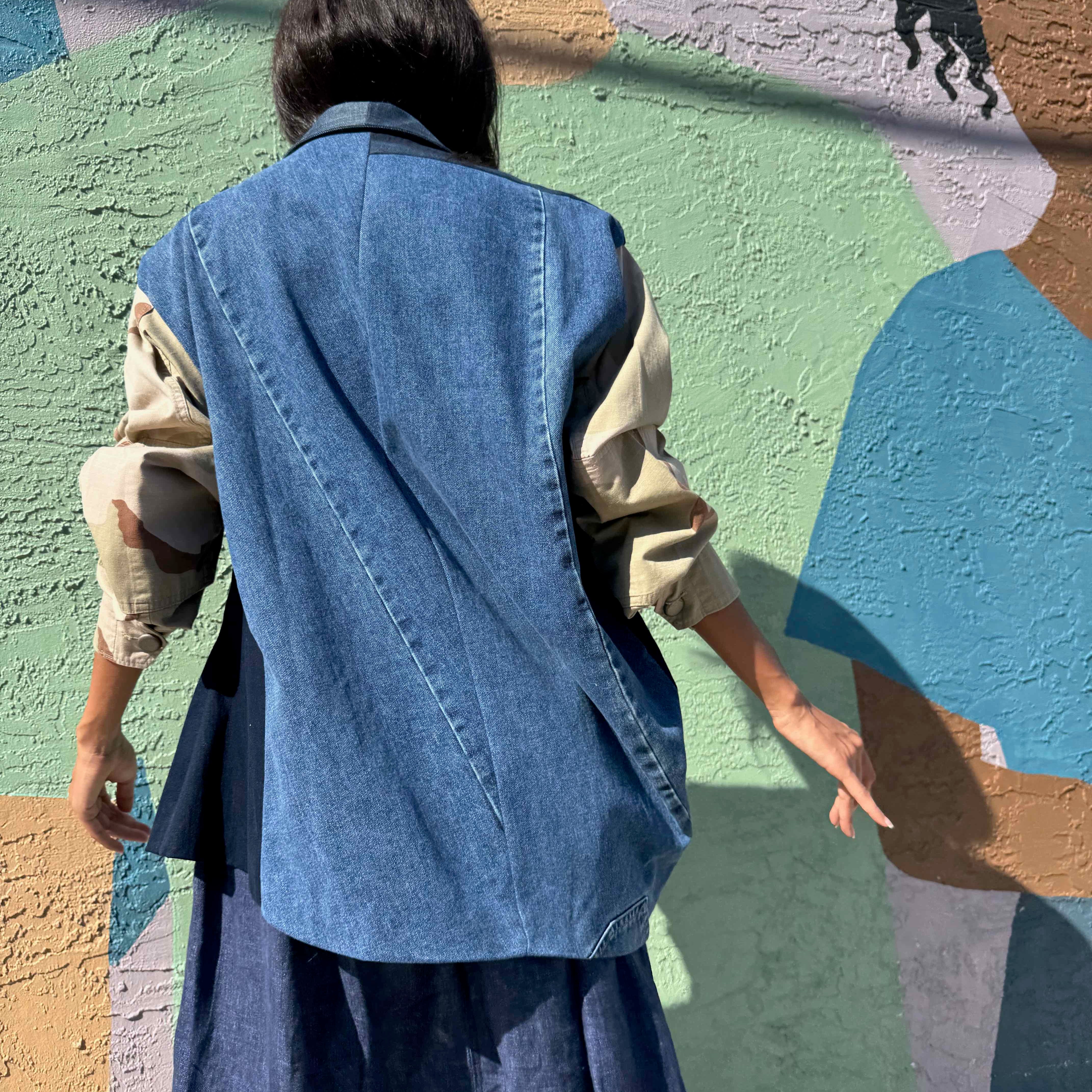 Upcycled-Reclaimed-Vintage-Denim-Camouflage-One of a Kind-Patchwork-Repurposed-Denim-Jacket