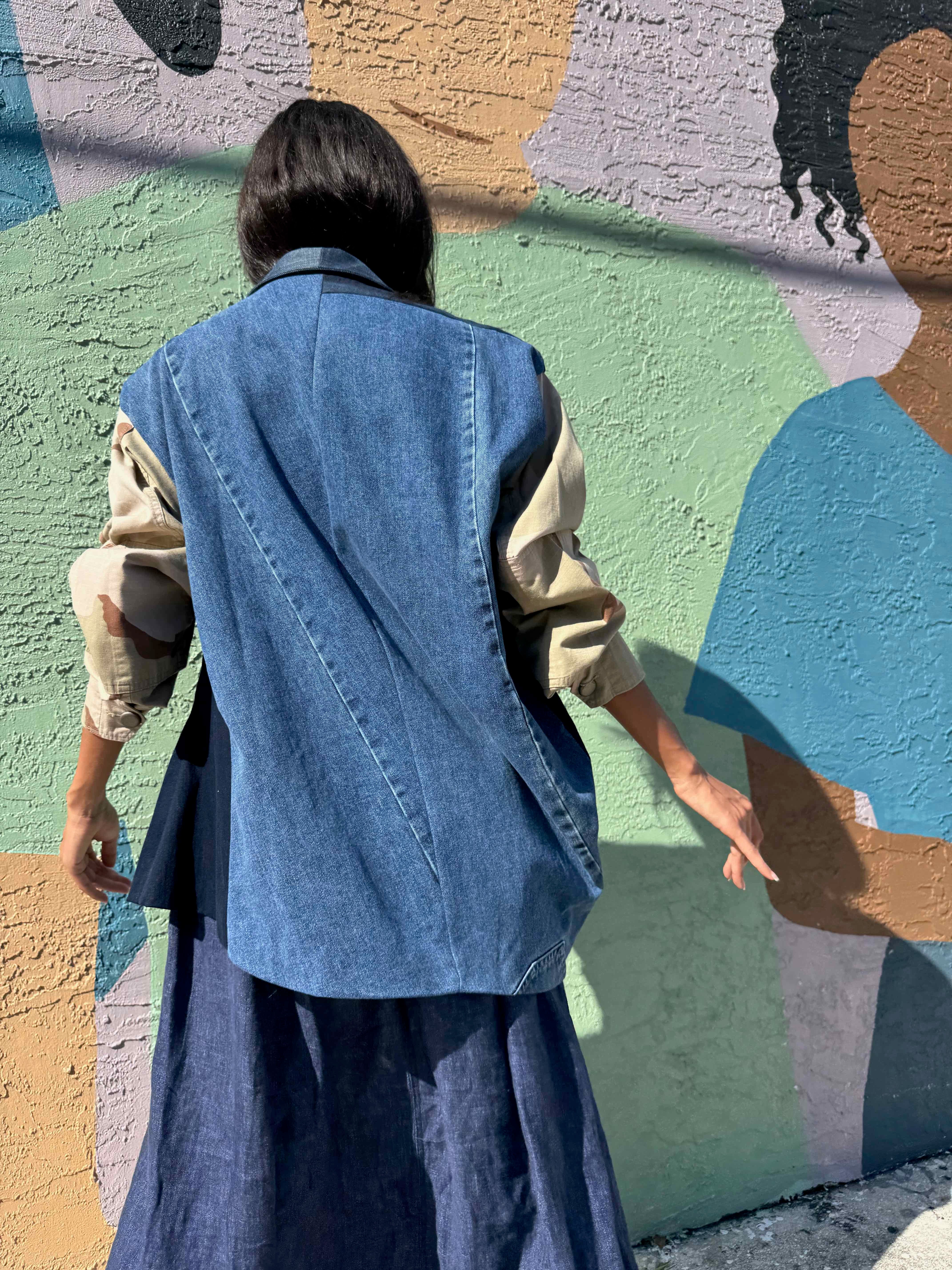 Upcycled-Reclaimed-Vintage-Denim-Camouflage-One of a Kind-Patchwork-Repurposed-Denim-Jacket