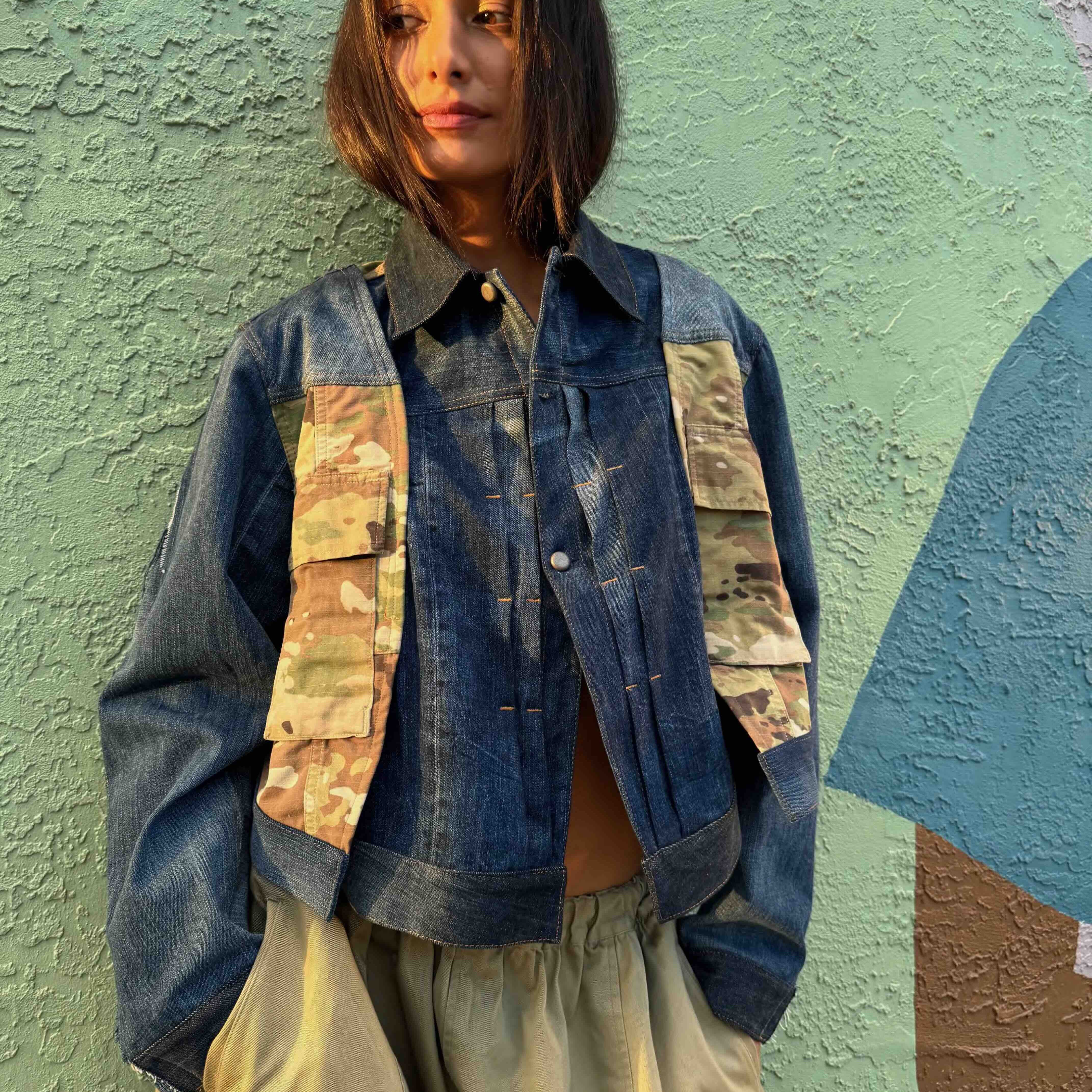 Upcycled-Reclaimed-Vintage-Denim-Camouflage-One of a Kind-Patchwork-Repurposed-Denim-Jacket