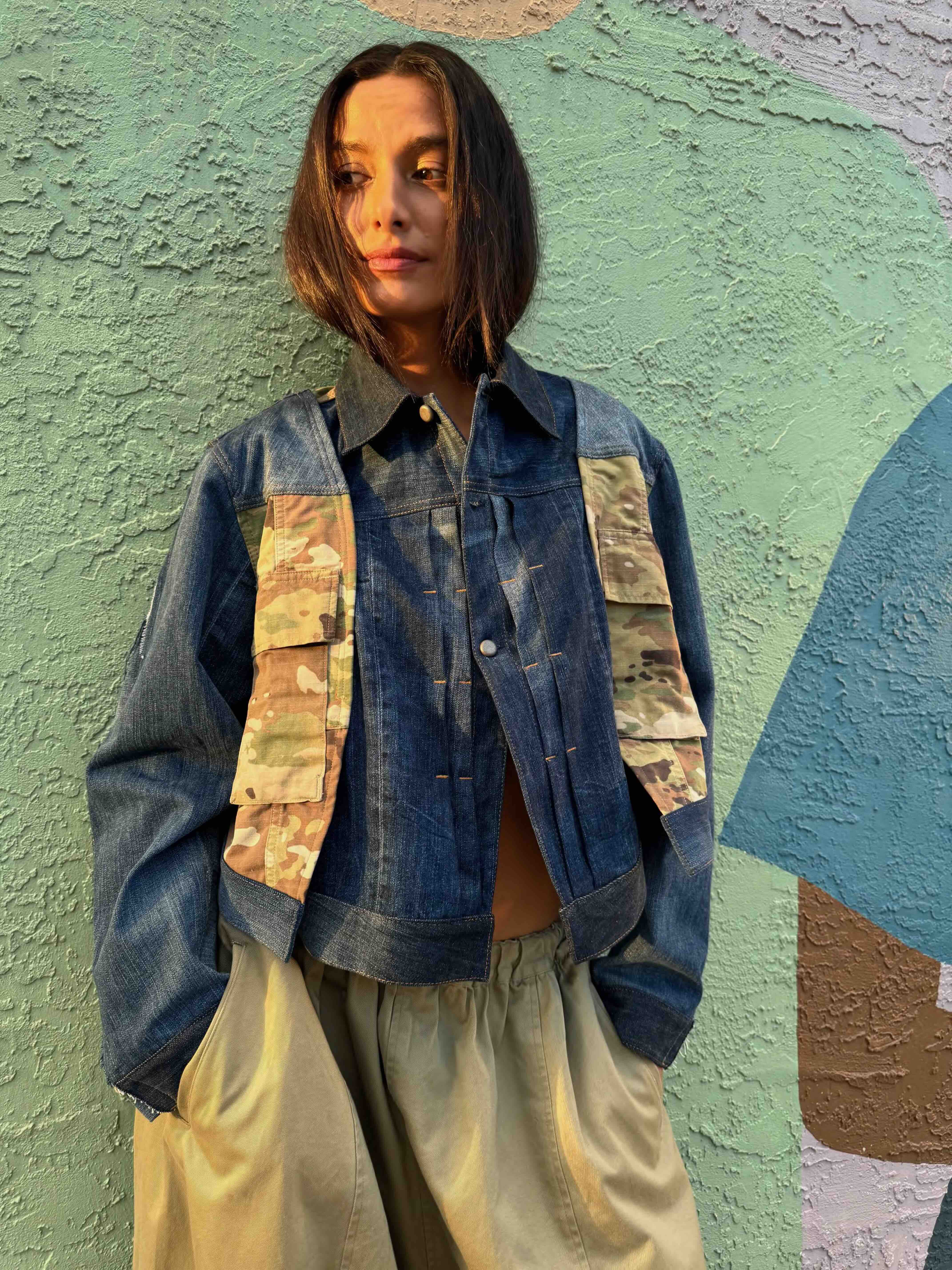 Upcycled-Reclaimed-Vintage-Denim-Camouflage-One of a Kind-Patchwork-Repurposed-Denim-Jacket