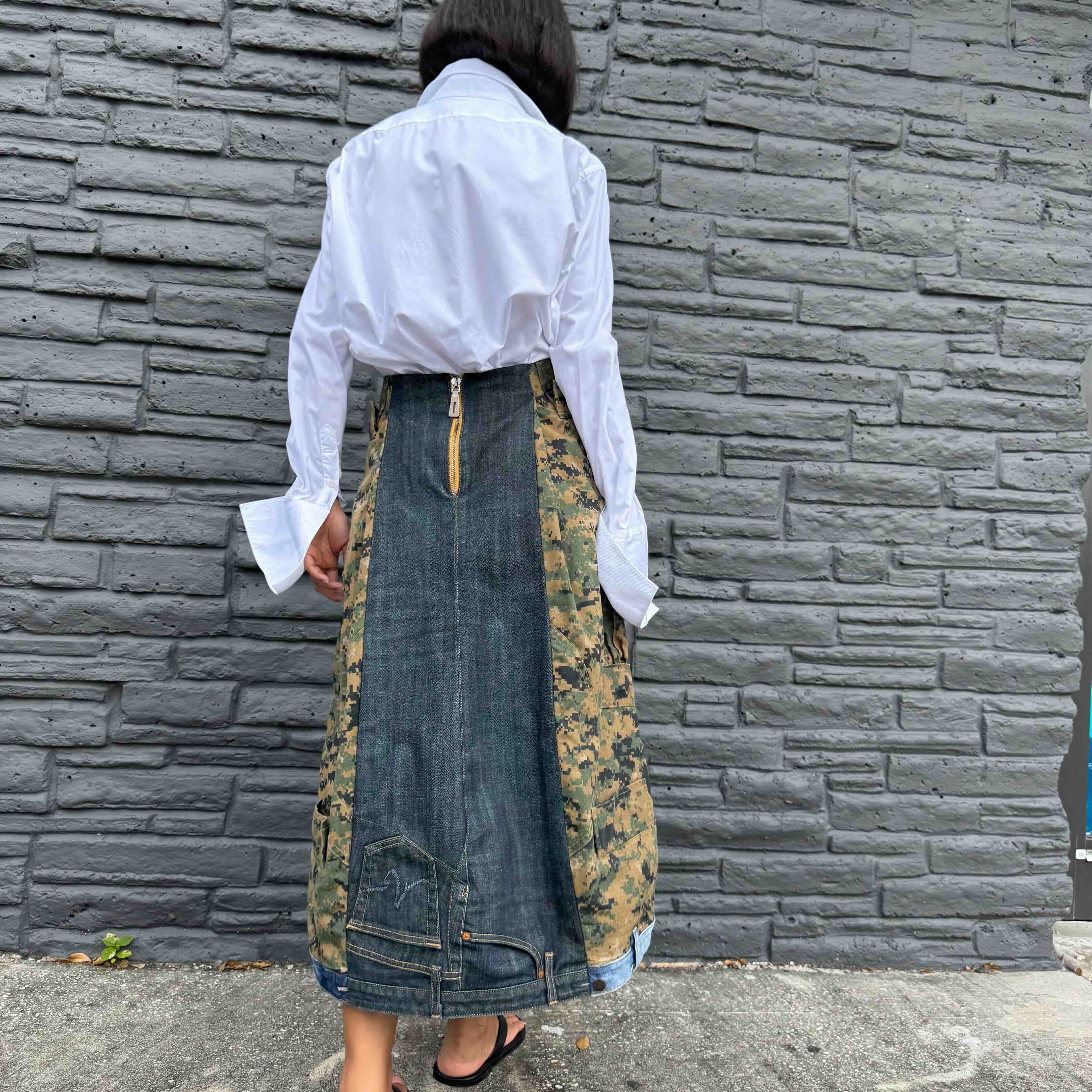 Upcycled-Reclaimed-Vintage-Denim-Camouflage-One of a Kind-Patchwork-Repurposed-Denim-Skirt