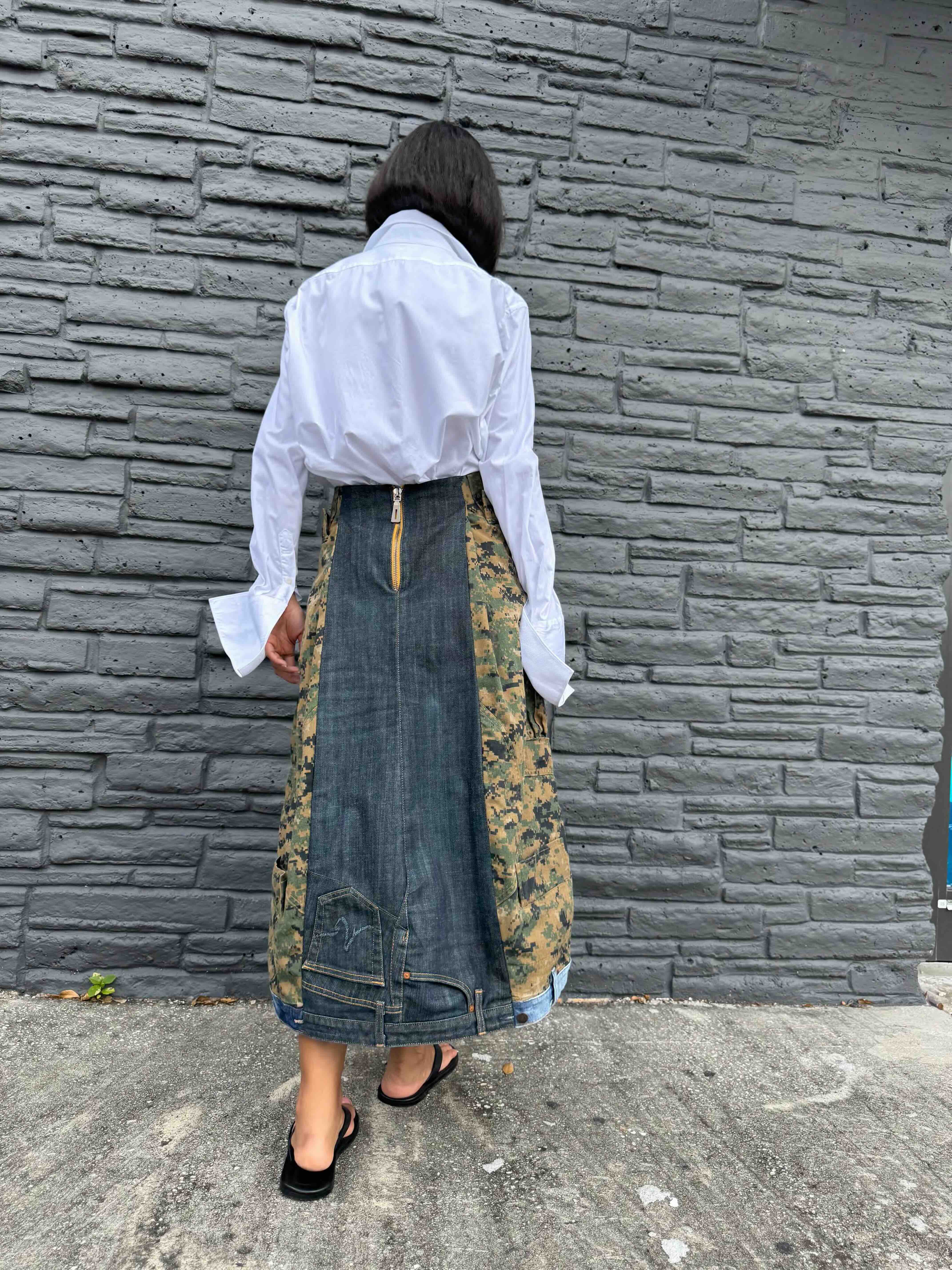 Upcycled-Reclaimed-Vintage-Denim-Camouflage-One of a Kind-Patchwork-Repurposed-Denim-Skirt