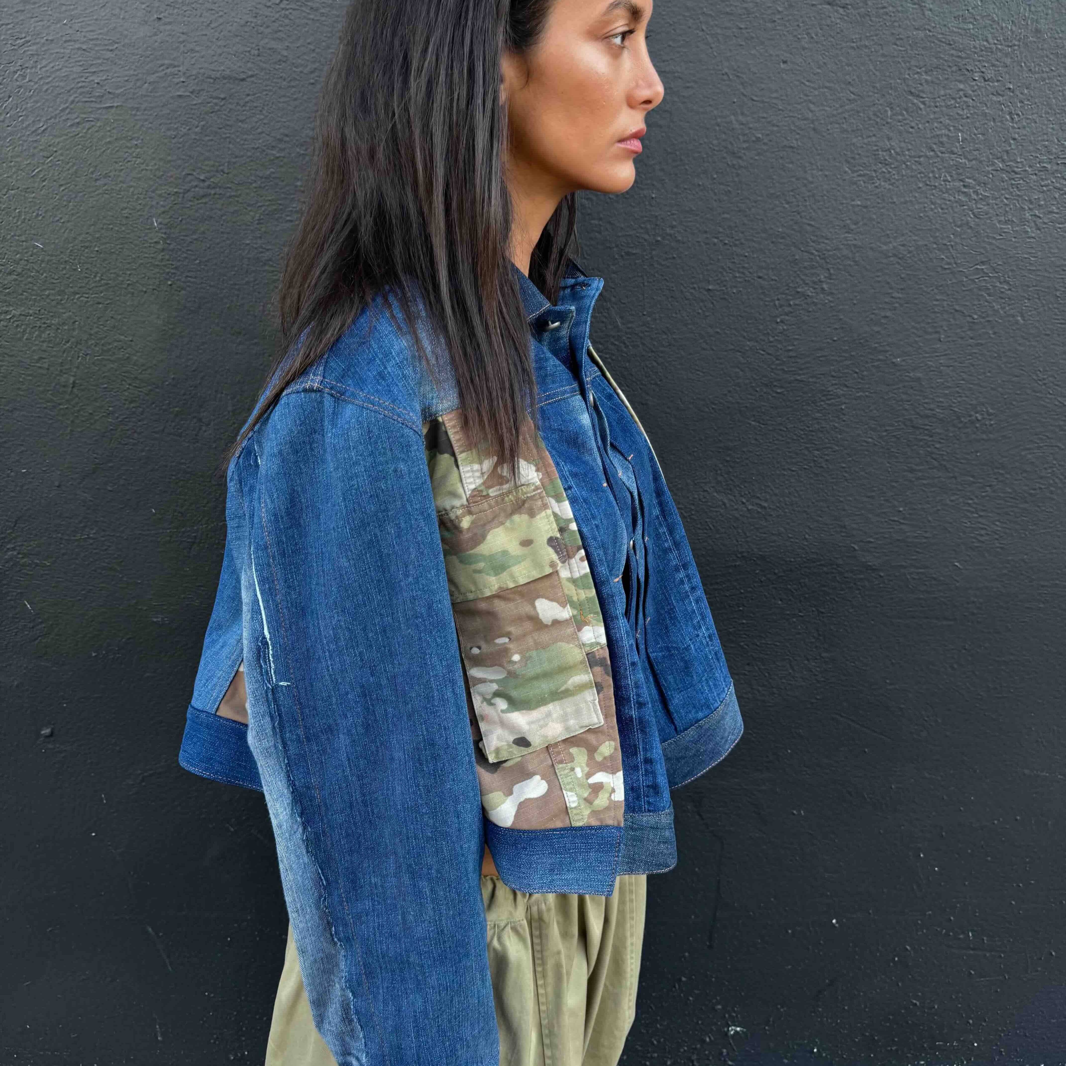 Upcycled-Reclaimed-Vintage-Denim-Camouflage-One of a Kind-Patchwork-Repurposed-Denim-Jacket