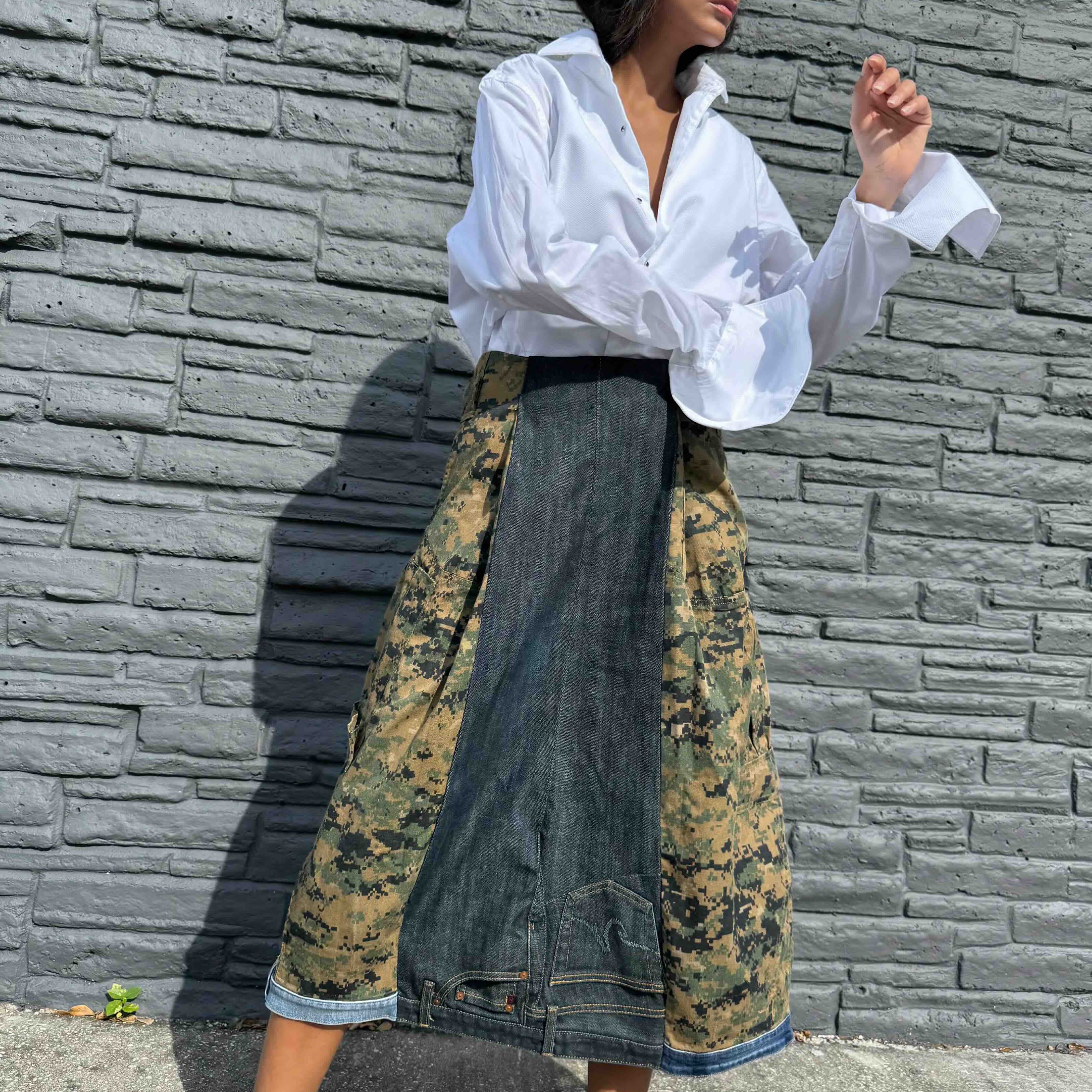 
Upcycled-Reclaimed-Vintage-Denim-Camouflage-One of a Kind-Patchwork-Repurposed-Denim-Skirt
