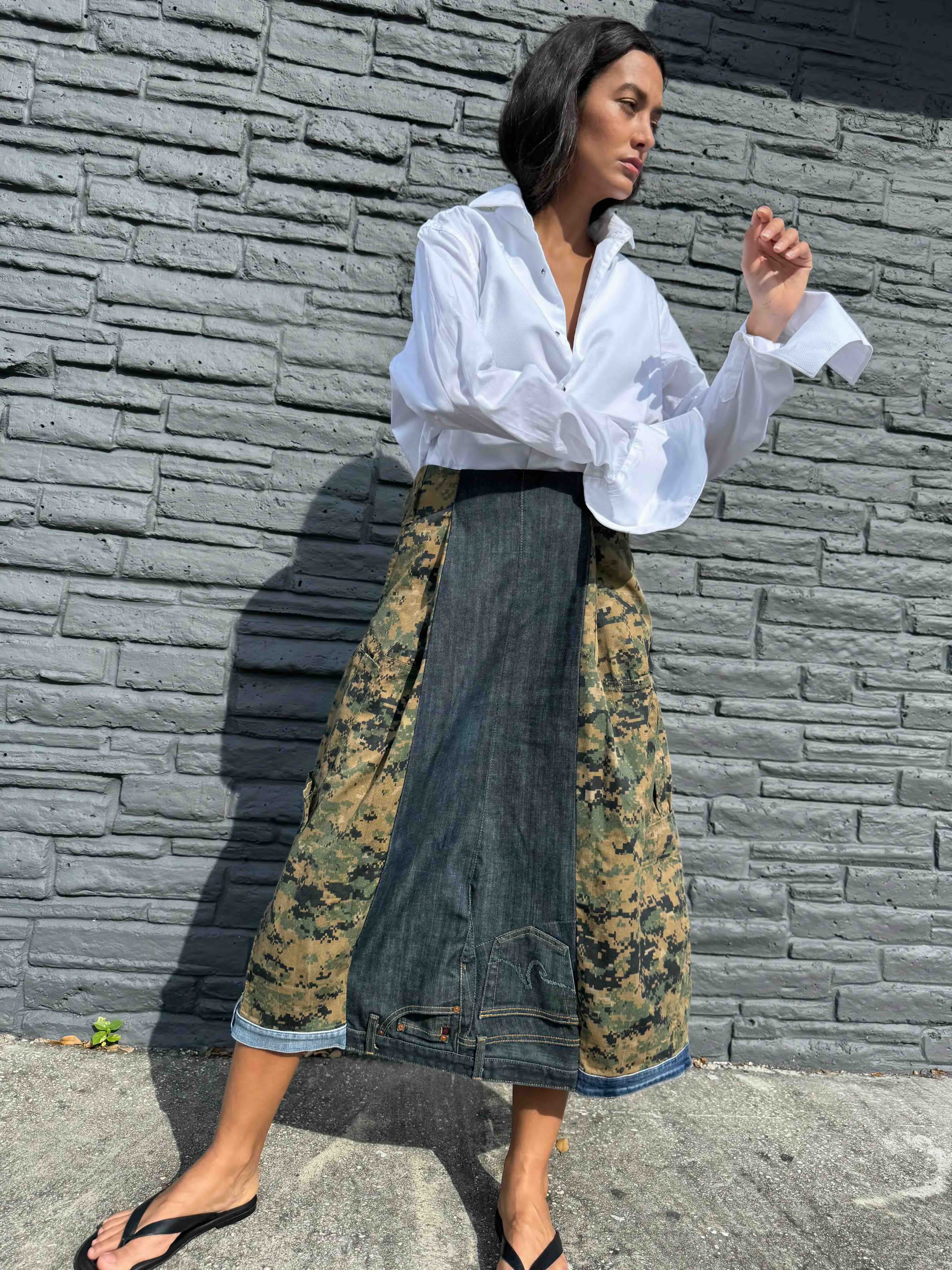 
Upcycled-Reclaimed-Vintage-Denim-Camouflage-One of a Kind-Patchwork-Repurposed-Denim-Skirt
