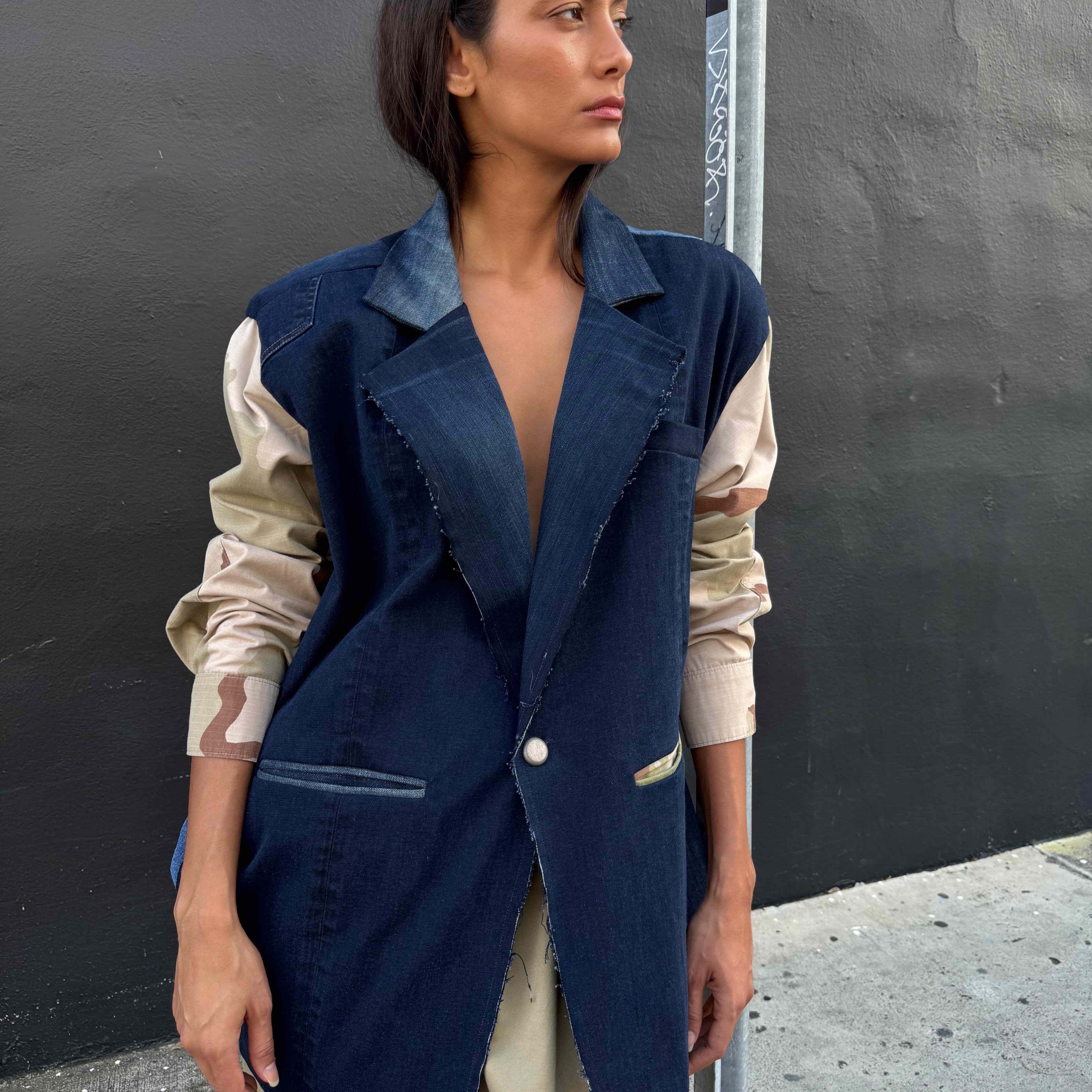 Upcycled-Reclaimed-Vintage-Denim-Camouflage-One of a Kind-Patchwork-Repurposed-Denim-Jacket