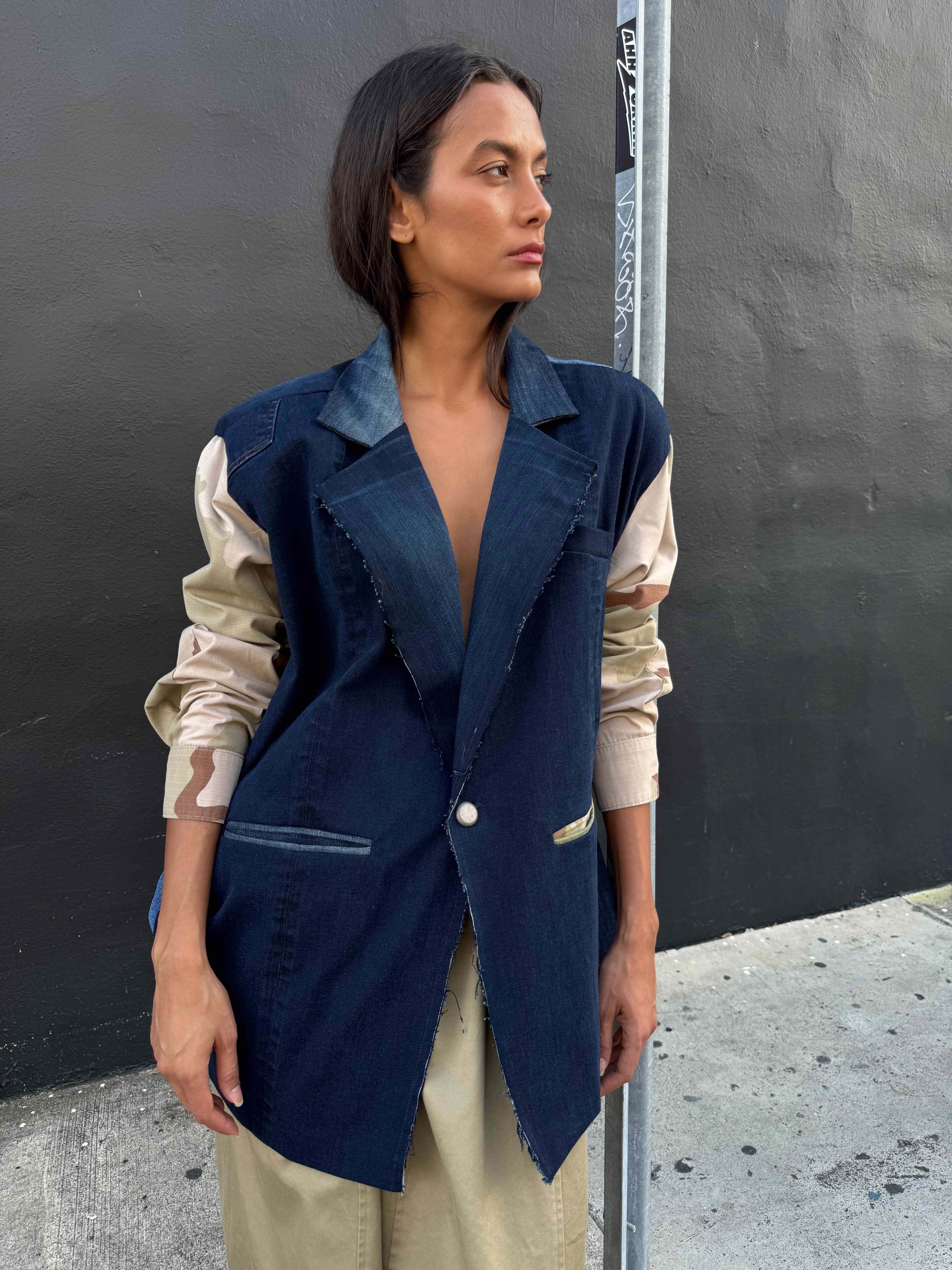 Upcycled-Reclaimed-Vintage-Denim-Camouflage-One of a Kind-Patchwork-Repurposed-Denim-Jacket