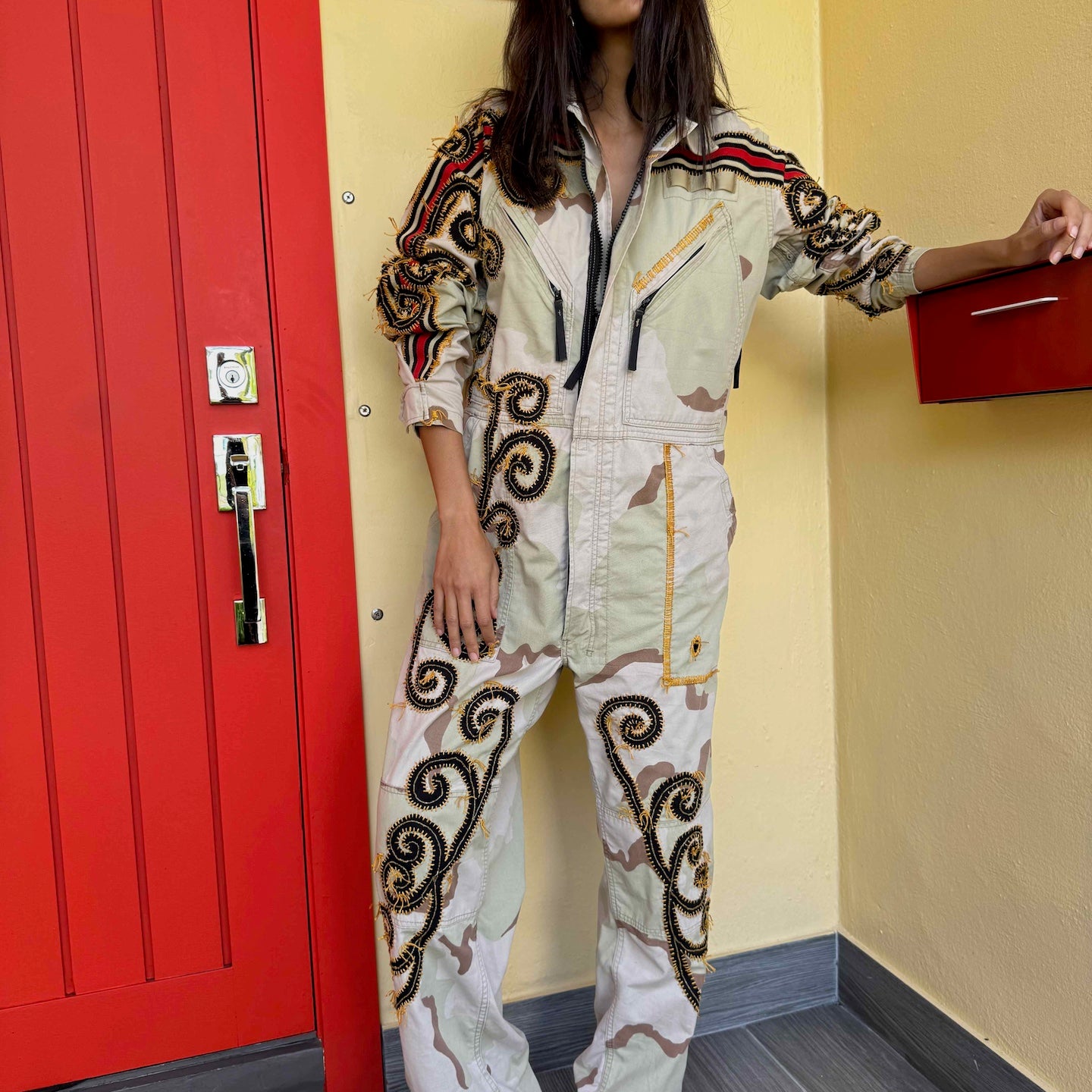 jumpsuit-camo-beaded-gontovnik-repurposed-recycled-upcycled-reclaimed-hand made-one-of-a-kind piece-vintage-embroidered