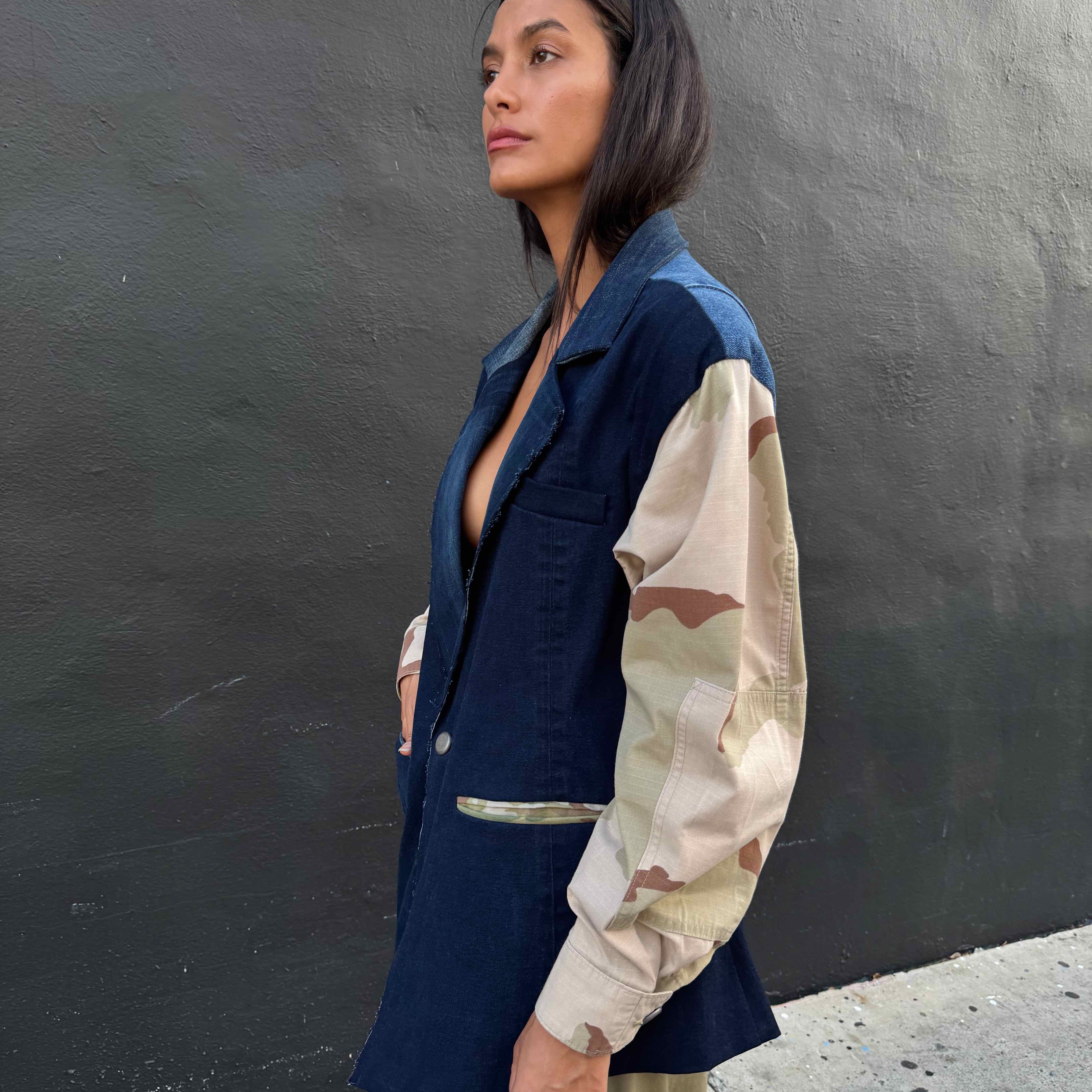 Upcycled-Reclaimed-Vintage-Denim-Camouflage-One of a Kind-Patchwork-Repurposed-Denim-Jacket