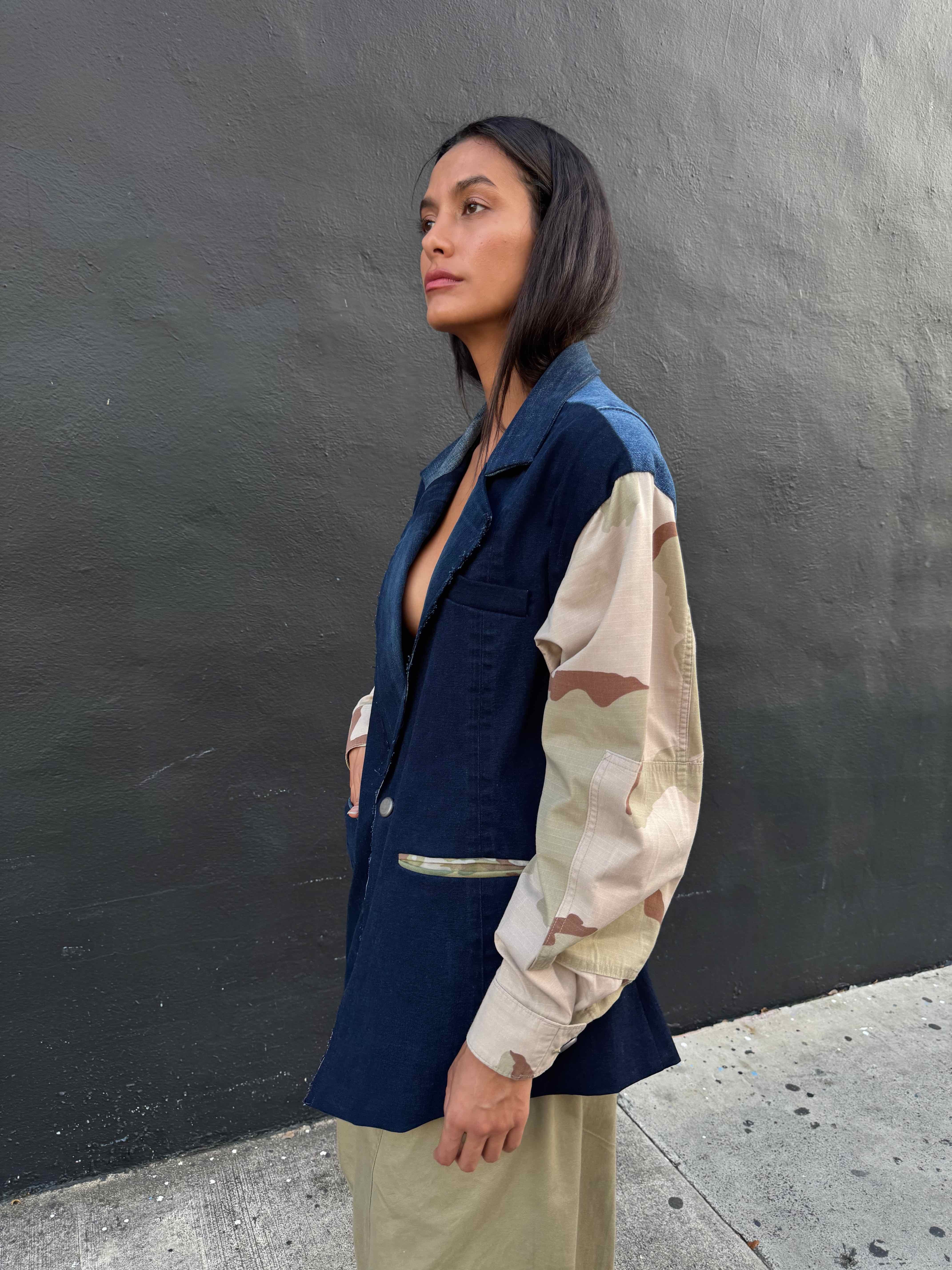 Upcycled-Reclaimed-Vintage-Denim-Camouflage-One of a Kind-Patchwork-Repurposed-Denim-Jacket
