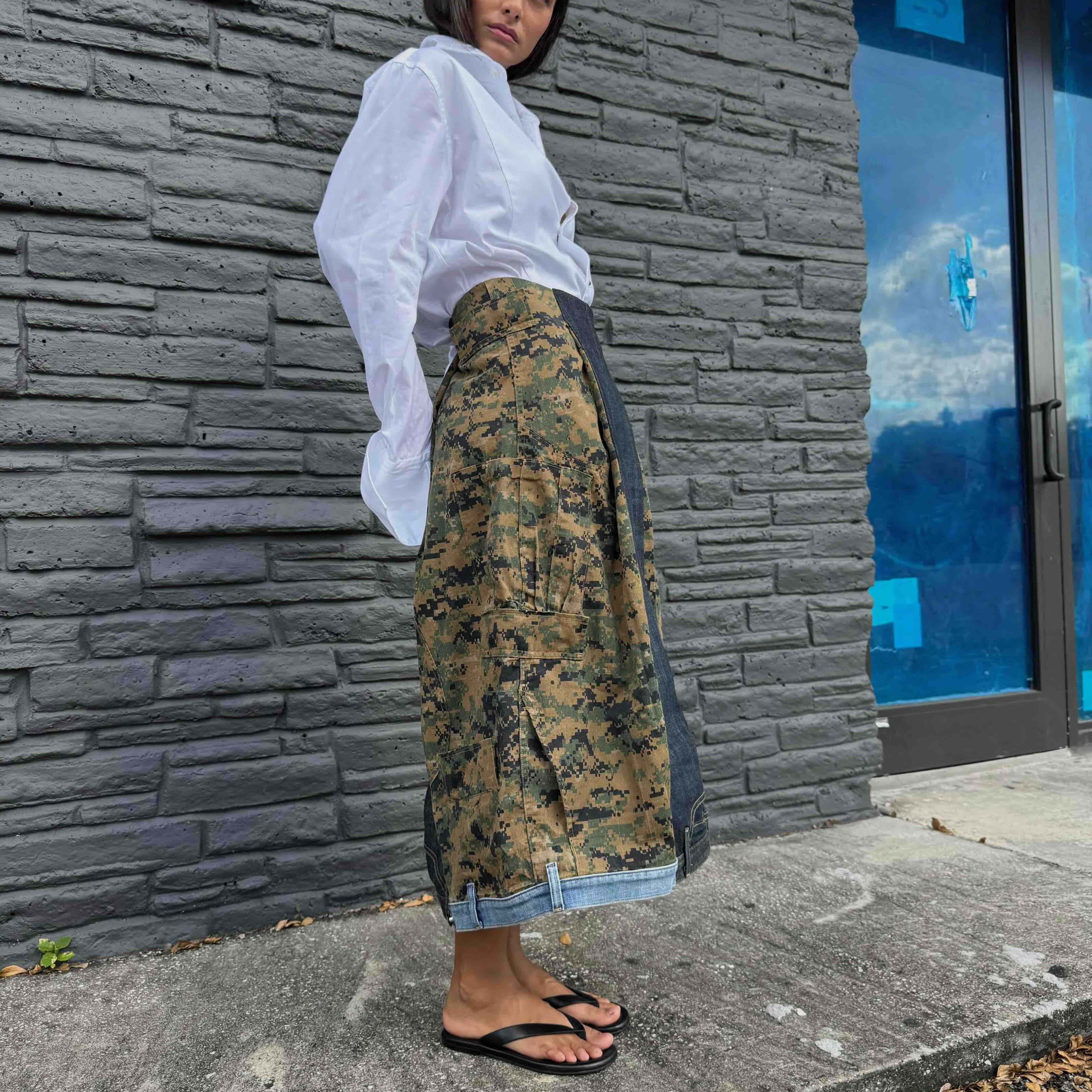 Upcycled-Reclaimed-Vintage-Denim-Camouflage-One of a Kind-Patchwork-Repurposed-Denim-Skirt
