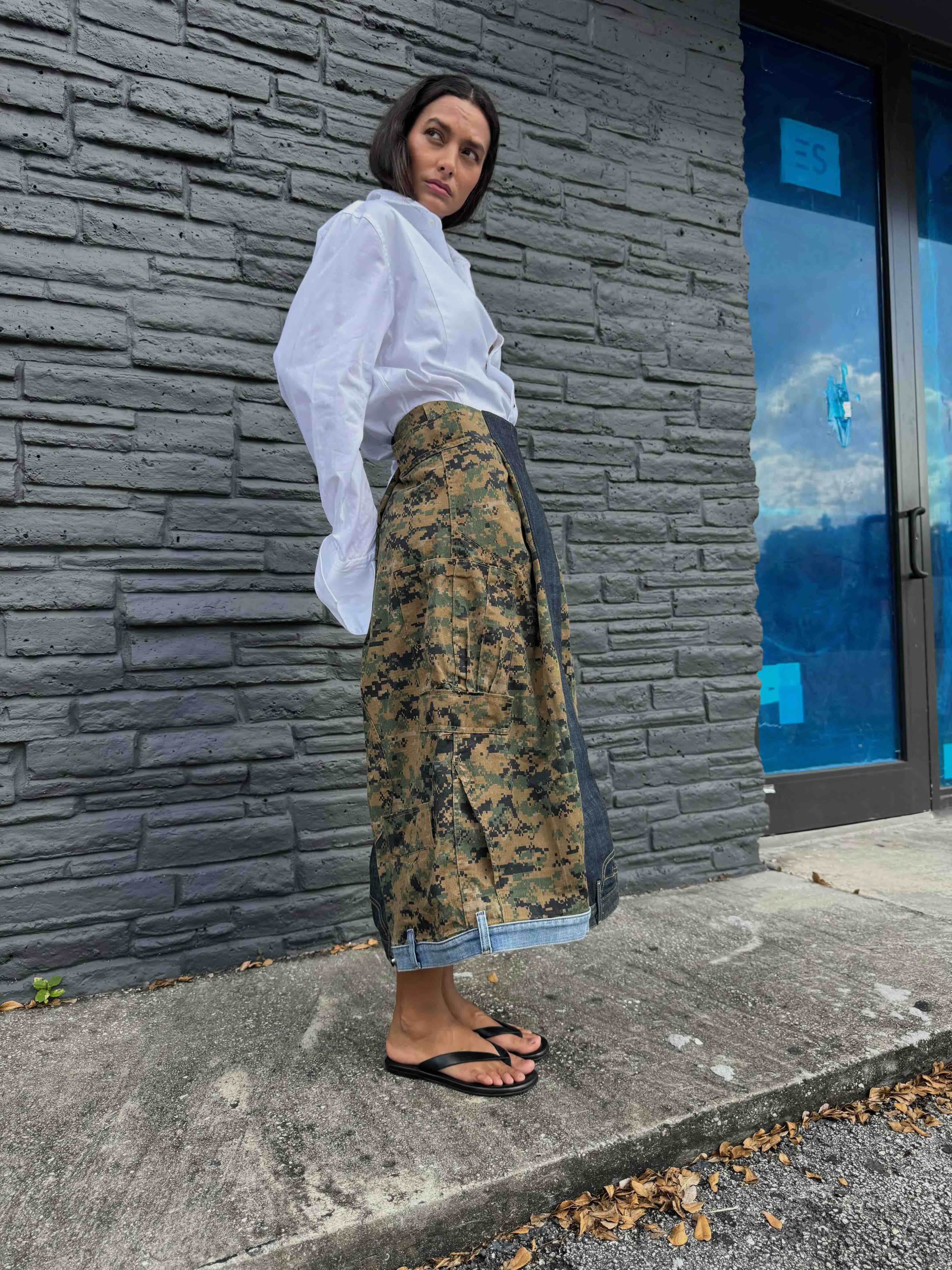 Upcycled-Reclaimed-Vintage-Denim-Camouflage-One of a Kind-Patchwork-Repurposed-Denim-Skirt