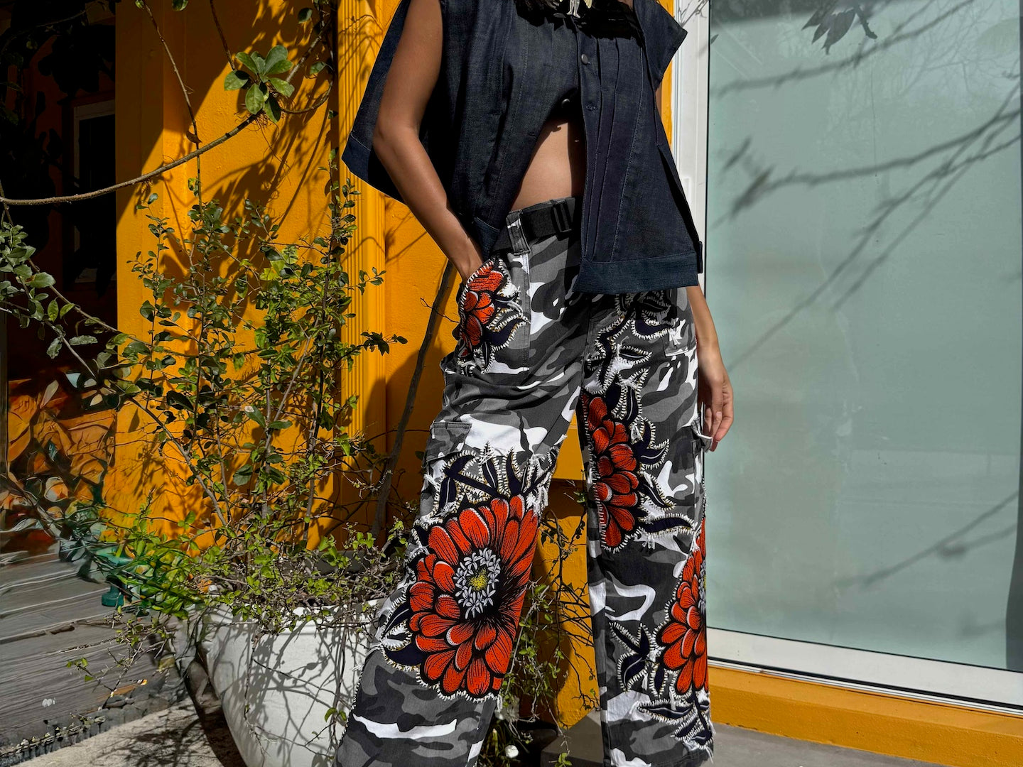 camo-pant-gontovnik-repurposed-recycled-upcycled-reclaimed-handmade-one of a kind-vintage-hand embroidery-print-flowers