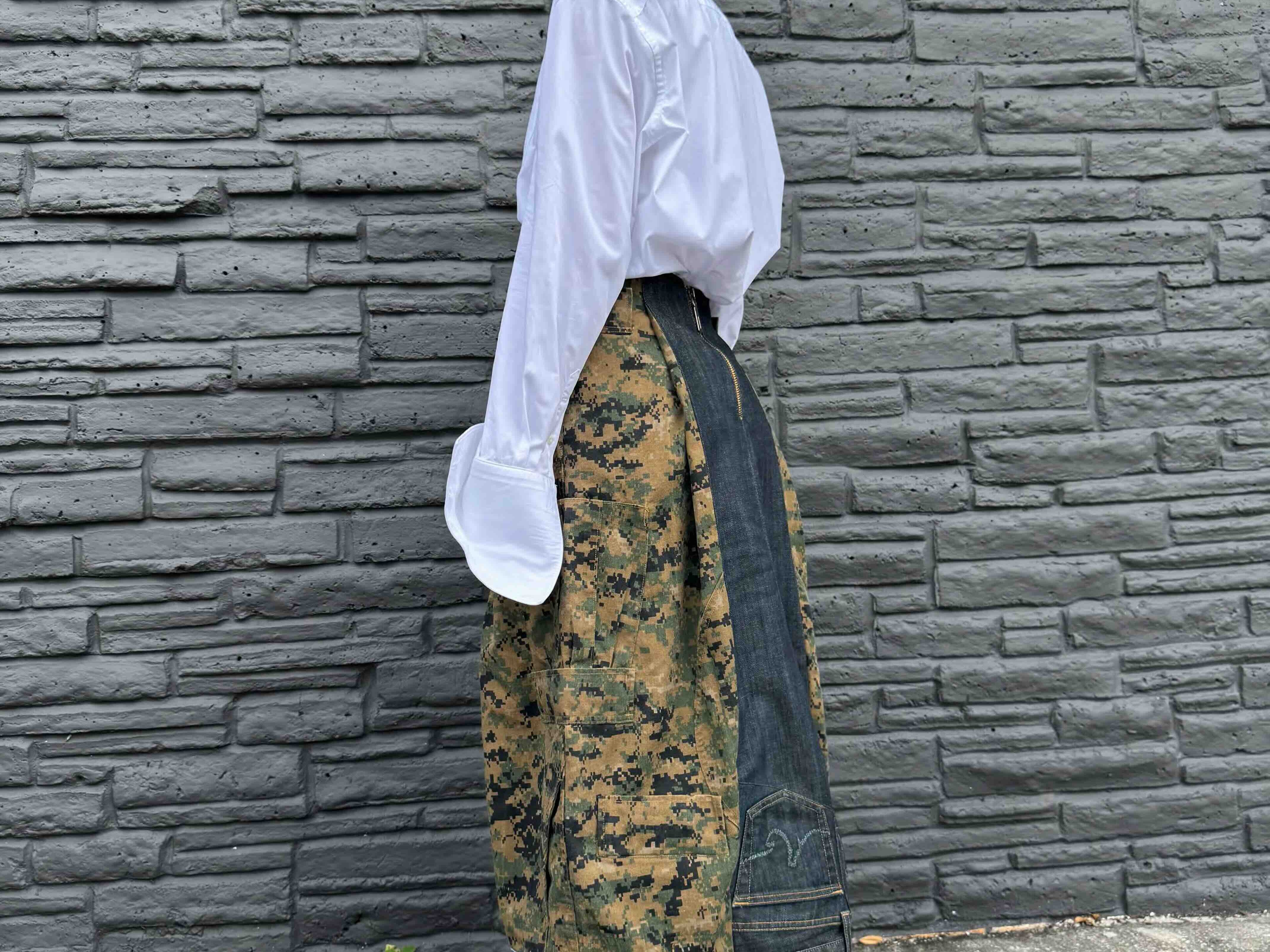 Upcycled-Reclaimed-Vintage-Denim-Camouflage-One of a Kind-Patchwork-Repurposed-Denim-Skirt