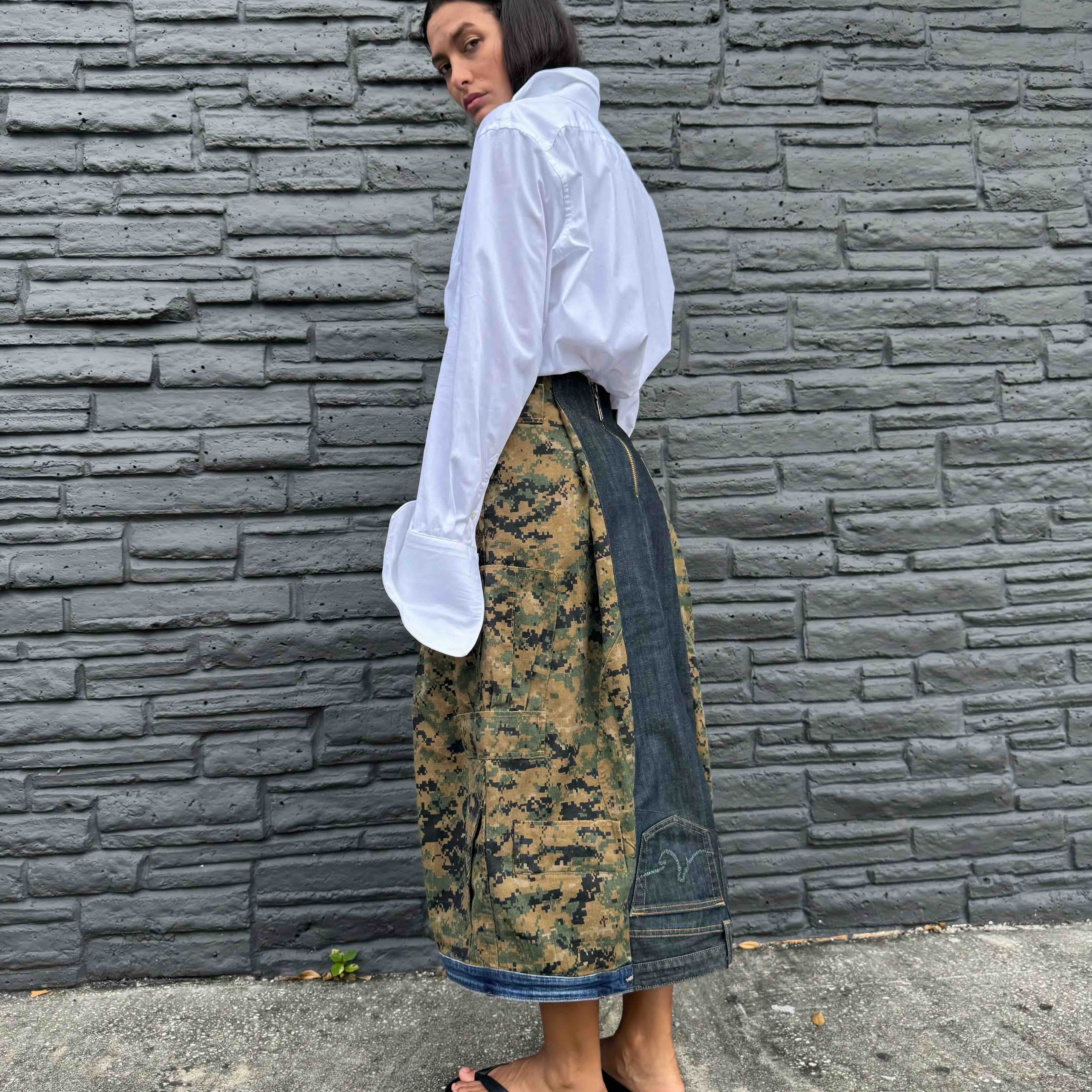 Upcycled-Reclaimed-Vintage-Denim-Camouflage-One of a Kind-Patchwork-Repurposed-Denim-Skirt