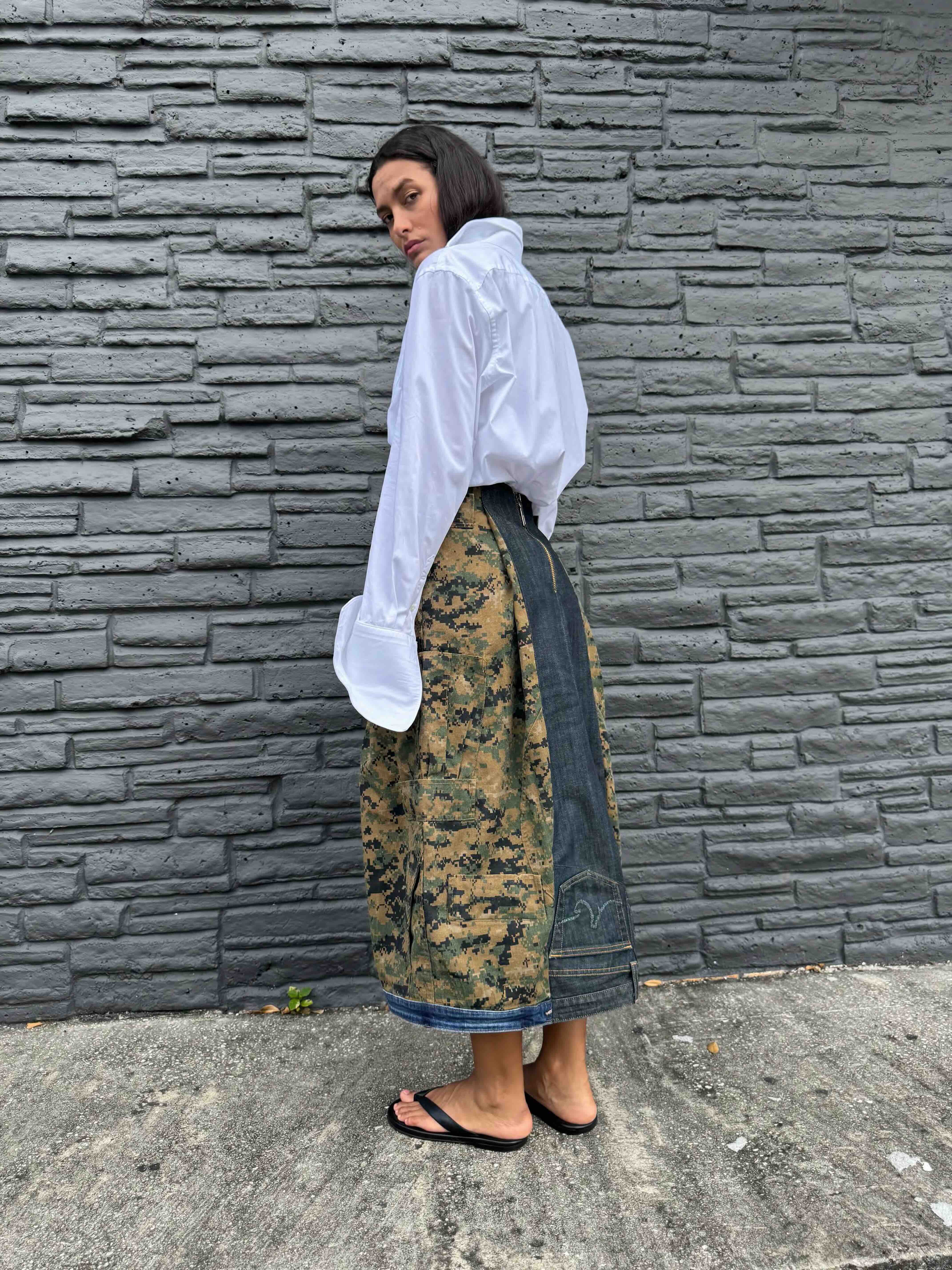 Upcycled-Reclaimed-Vintage-Denim-Camouflage-One of a Kind-Patchwork-Repurposed-Denim-Skirt