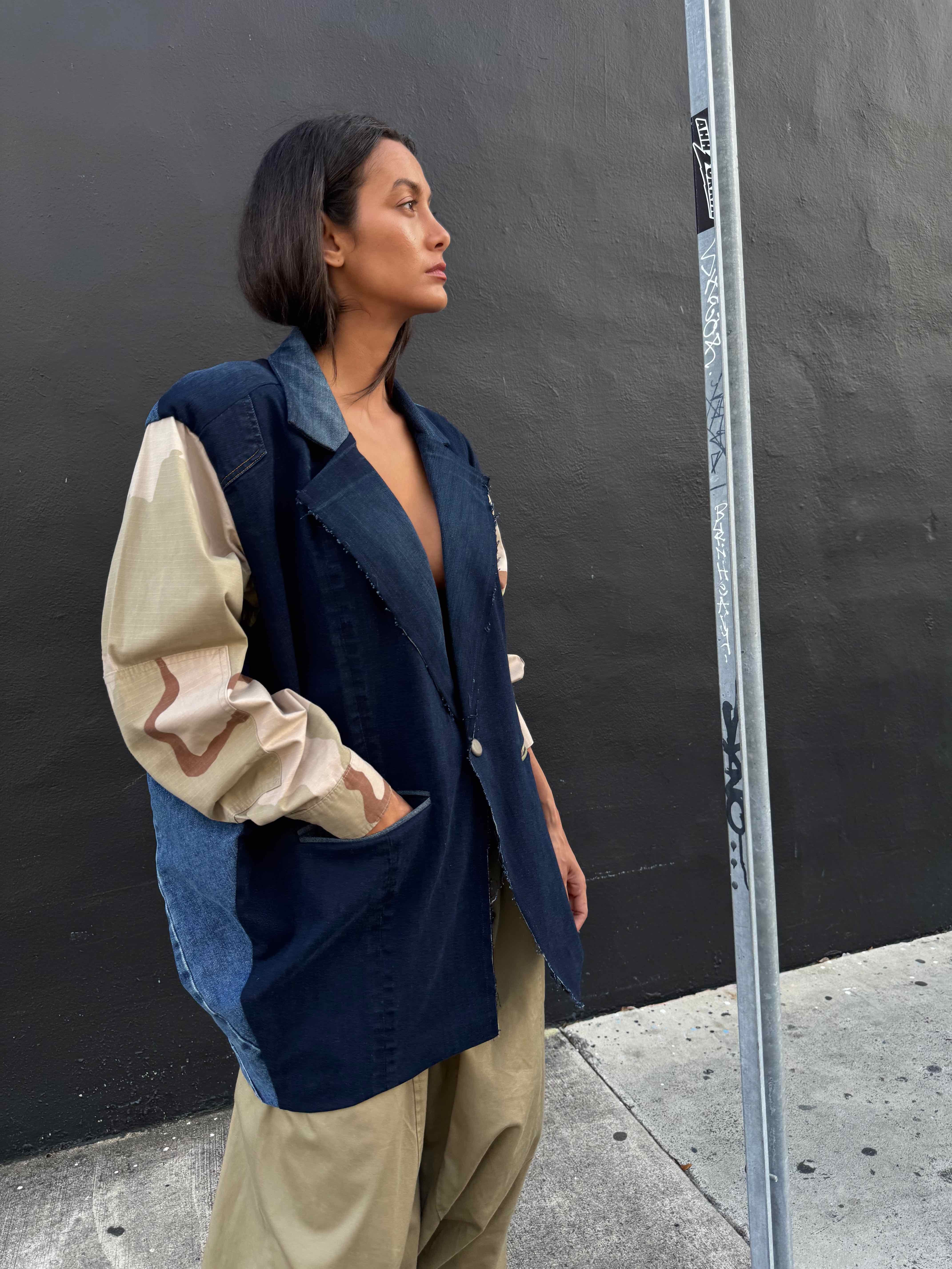Upcycled-Reclaimed-Vintage-Denim-Camouflage-One of a Kind-Patchwork-Repurposed-Denim-Jacket