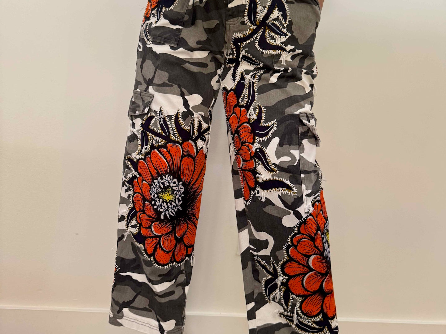 camo-pant-gontovnik-repurposed-recycled-upcycled-reclaimed-handmade-one of a kind-vintage-hand embroidery-print-flowers