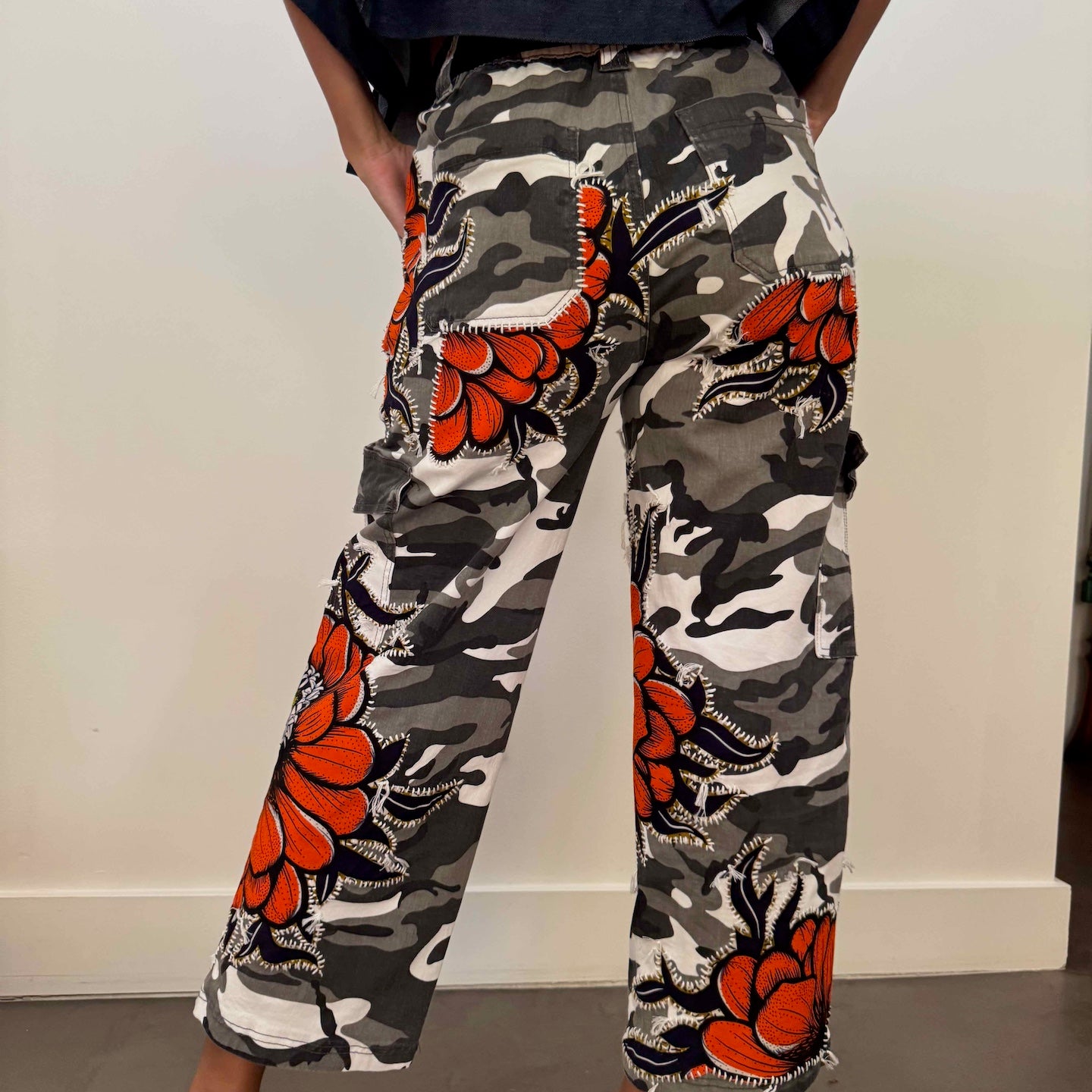 camo-pant-gontovnik-repurposed-recycled-upcycled-reclaimed-handmade-one of a kind-vintage-hand embroidery-print-flowers