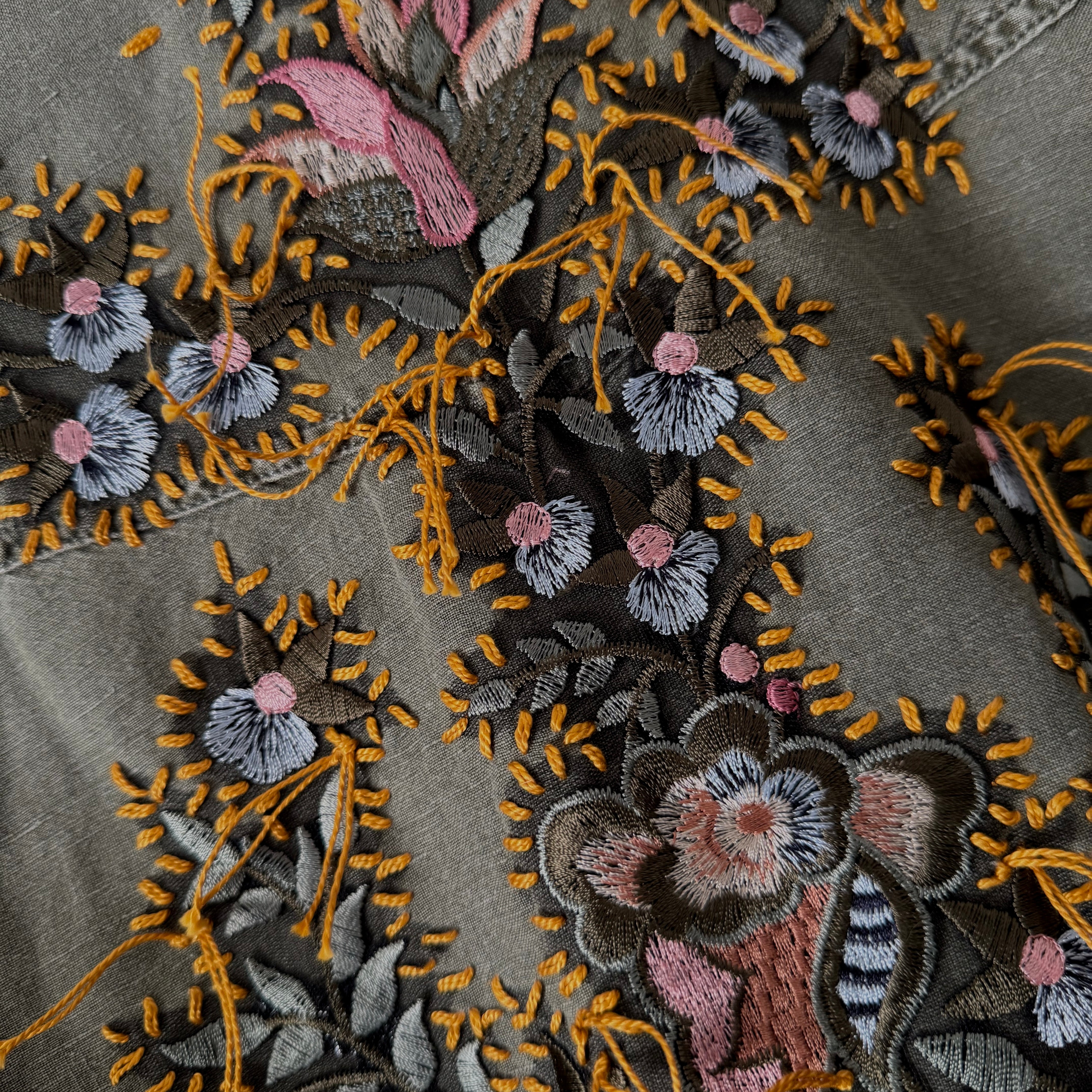 Close-up of an olive green fabric surface decorated with intricate floral embroidery in pink, gray, black, and mustard yellow.