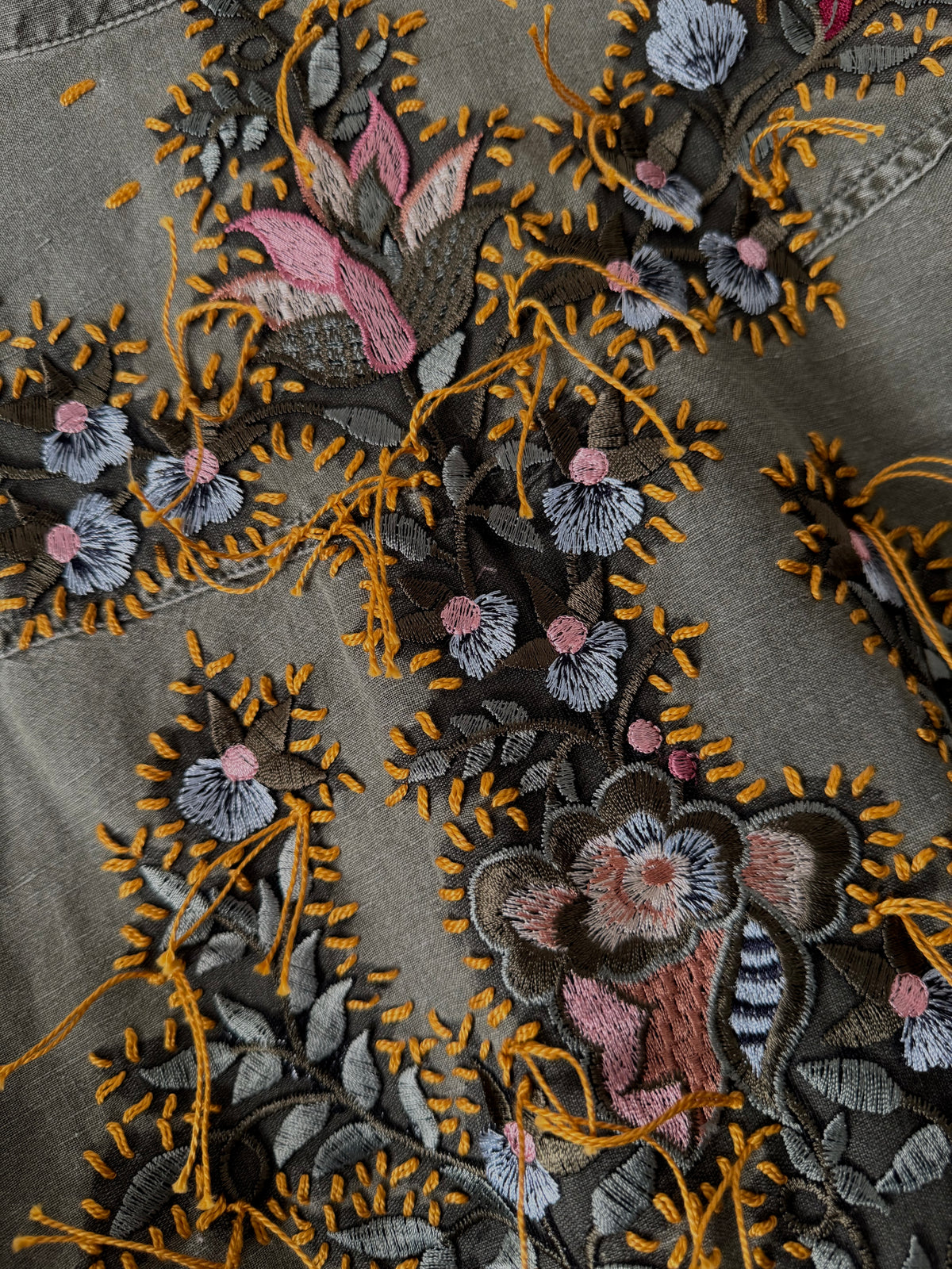 Close-up of an olive green fabric surface decorated with intricate floral embroidery in pink, gray, black, and mustard yellow.