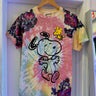 One-of-a-kind upcycled tie-dye Snoopy t-shirt with hand-embroidered sequin flowers by Gontovnik