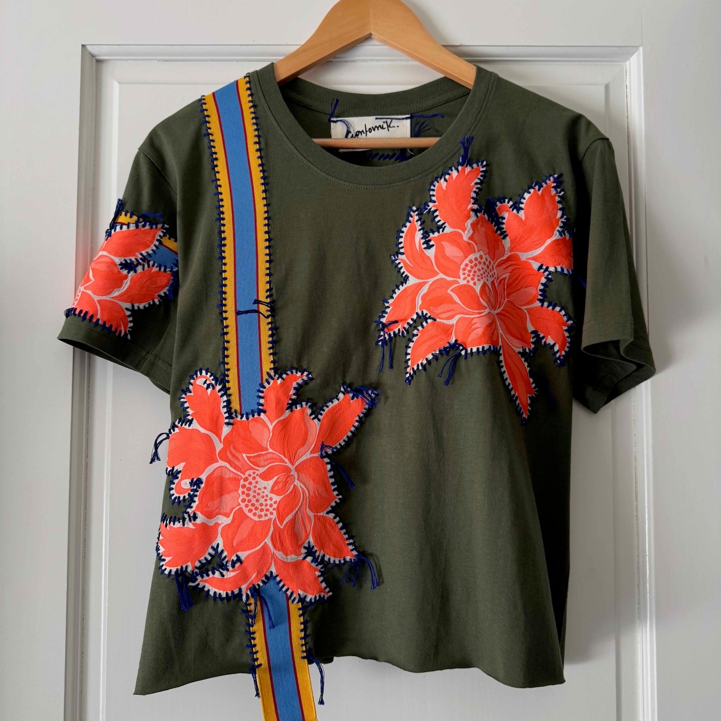One-of-a-kin upcycled cotton t-shirt with hand-stitched floral embroidery by Gontovnik