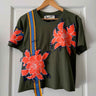 One-of-a-kin upcycled cotton t-shirt with hand-stitched floral embroidery by Gontovnik
