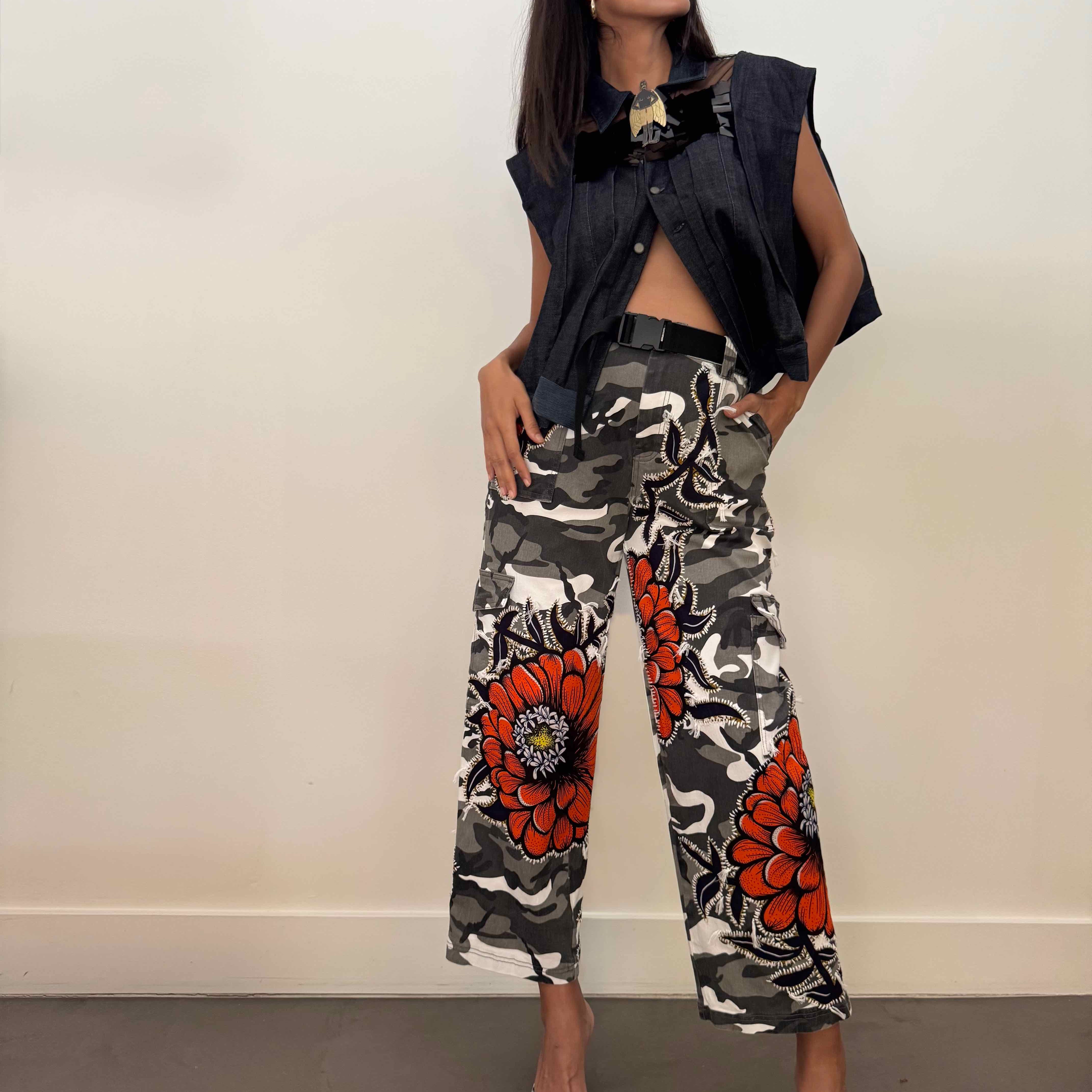 camo-pant-gontovnik-repurposed-recycled-upcycled-reclaimed-handmade-one of a kind-vintage-hand embroidery-print-flowers