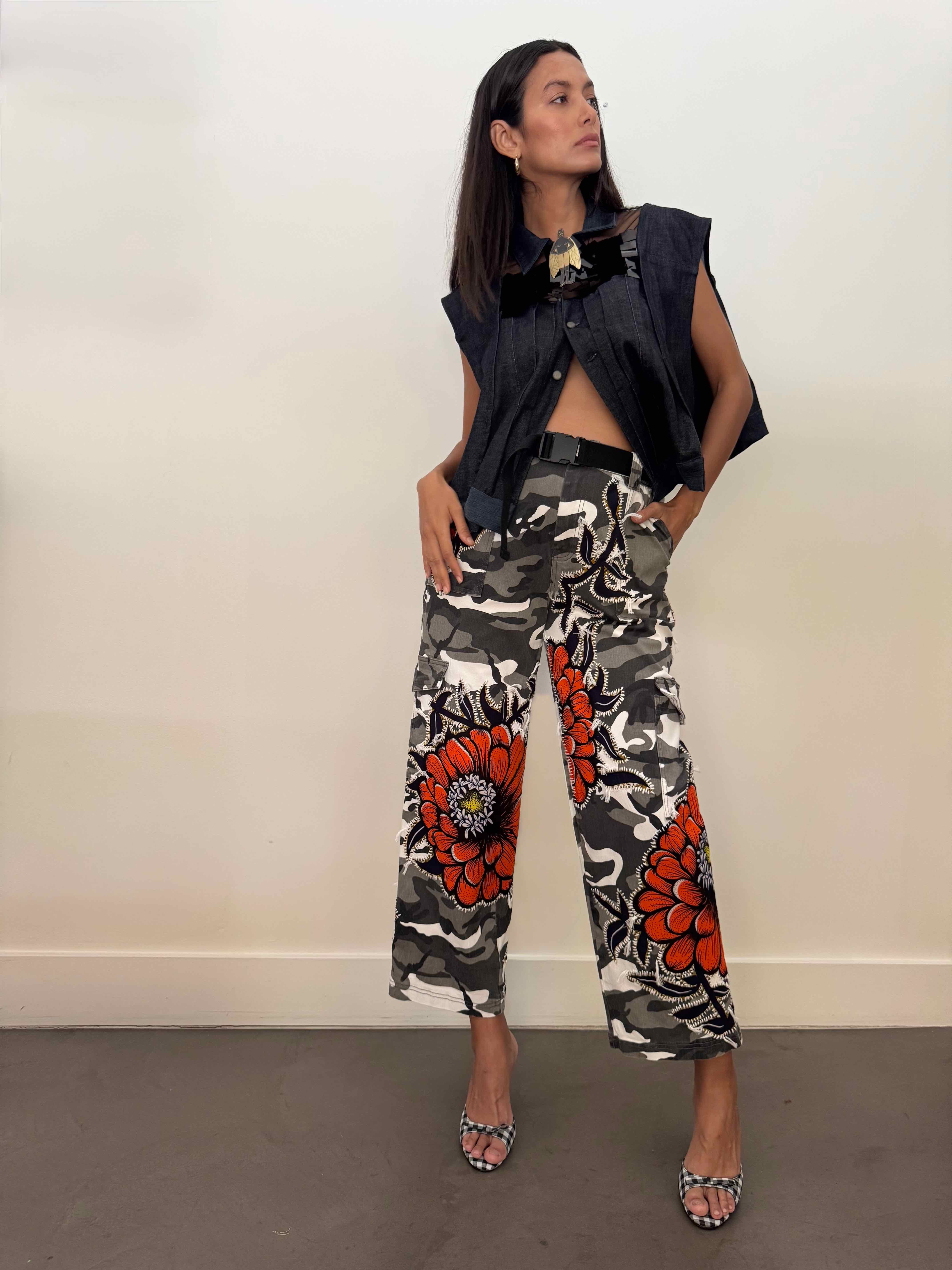 camo-pant-gontovnik-repurposed-recycled-upcycled-reclaimed-handmade-one of a kind-vintage-hand embroidery-print-flowers