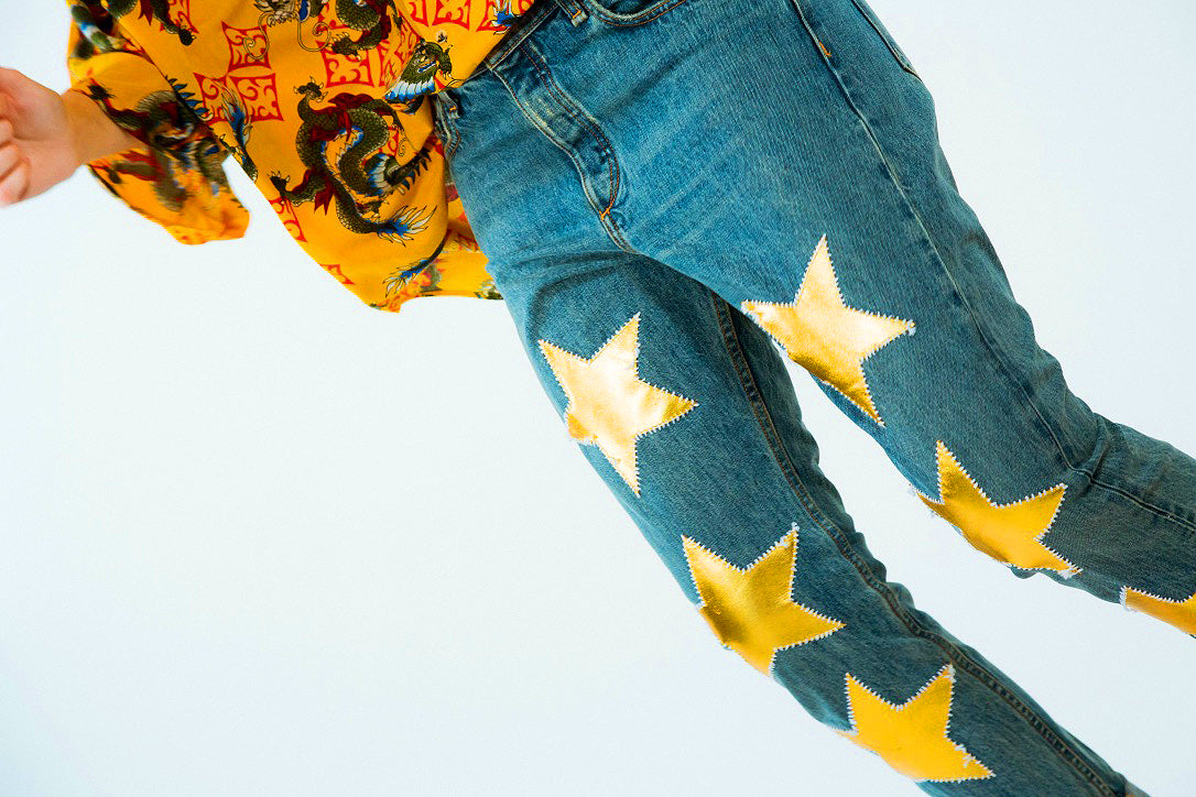 Gold Leather Stars Boyfriend Jeans