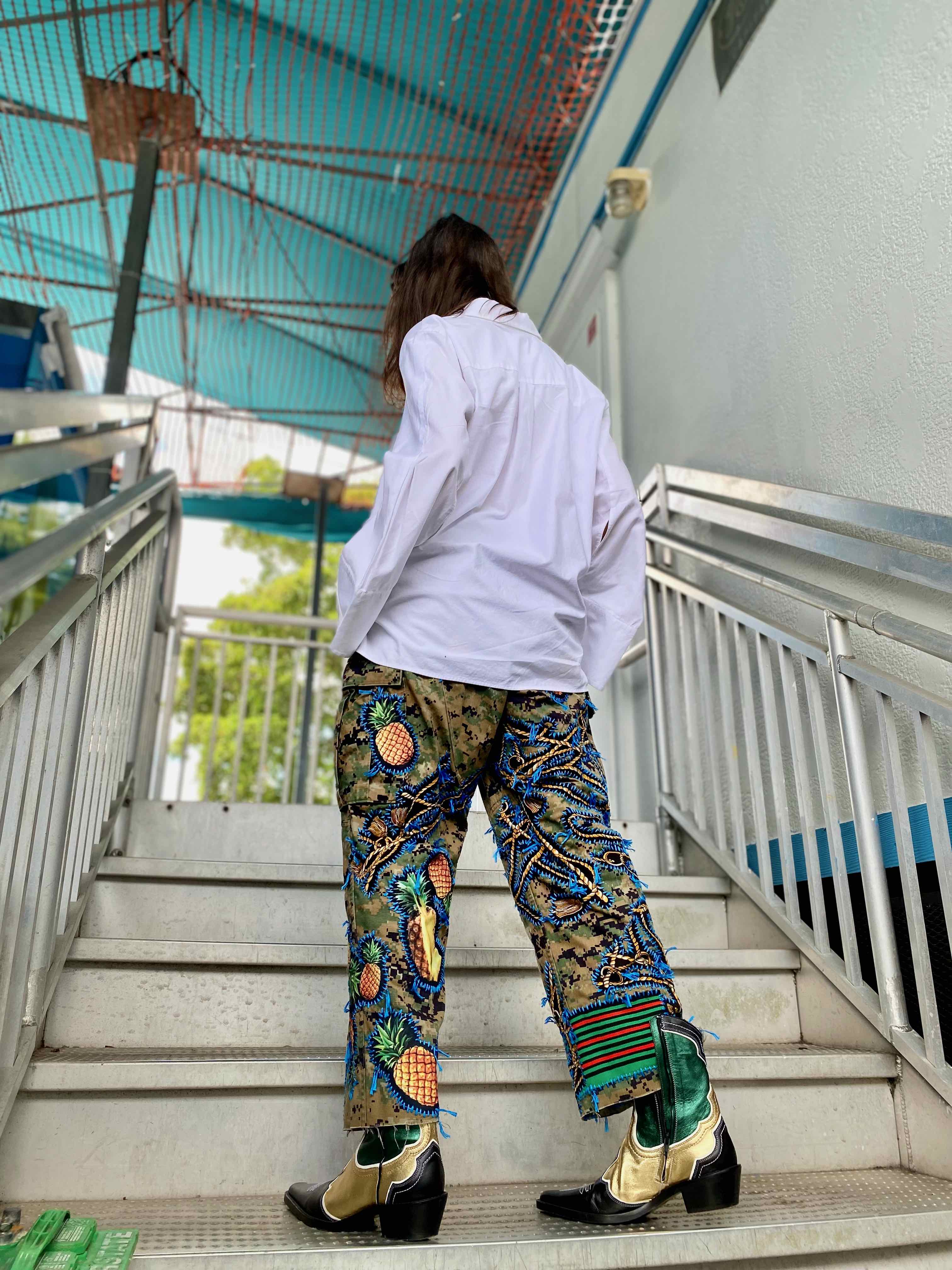Hand embroidered upcycle reclaimed Unisex Camo Pants Gontovnik