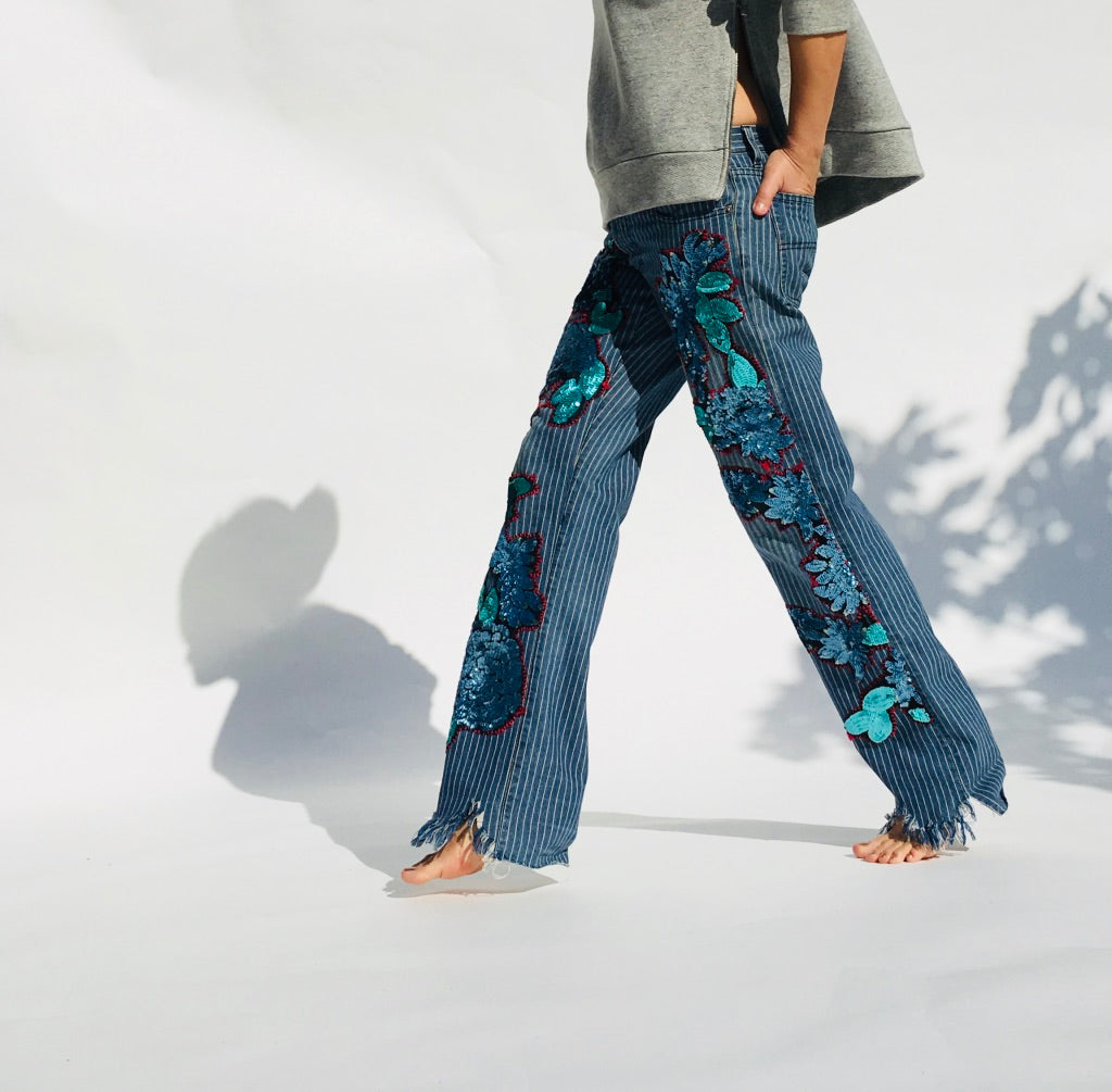 Sequins Pinstripe Jeans  Trousers